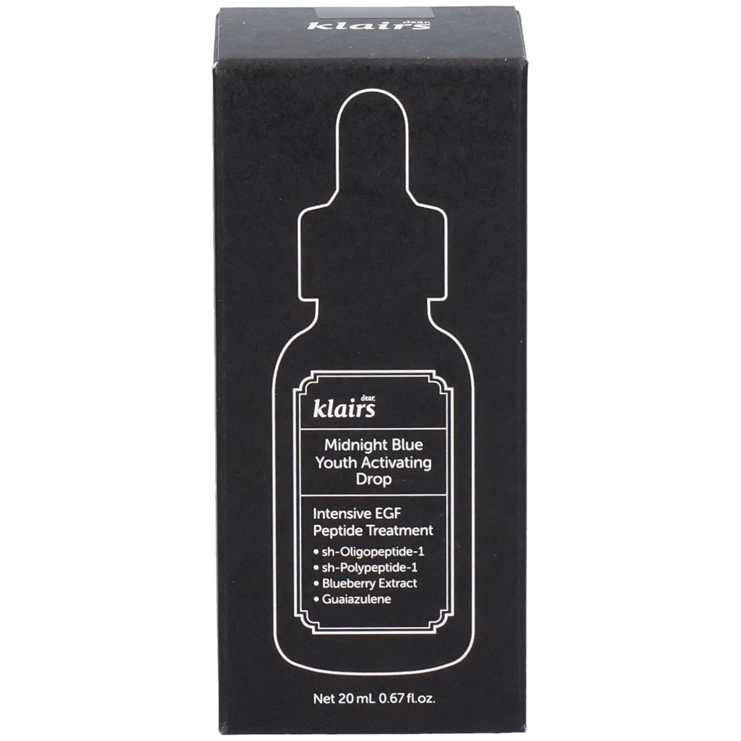 Schwarze Verpackung mit Produktabbildung. Enthält Text: Midnight Blue Youth Activating Drop. 20 ml. Mit Peptiden.