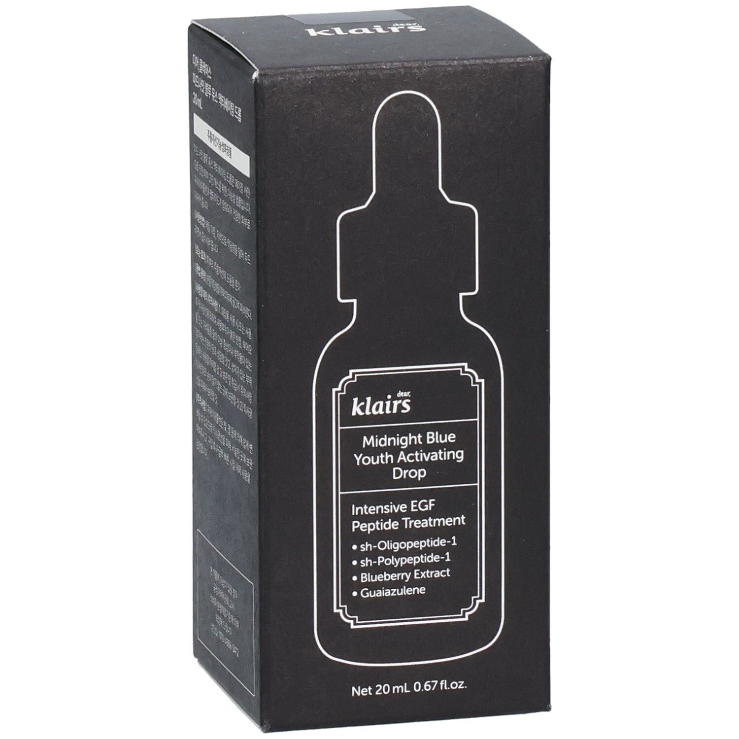 Schwarze Verpackung mit Produktabbildung. Enthält Text: Midnight Blue Youth Activating Drop. 20 ml. Mit Peptiden.