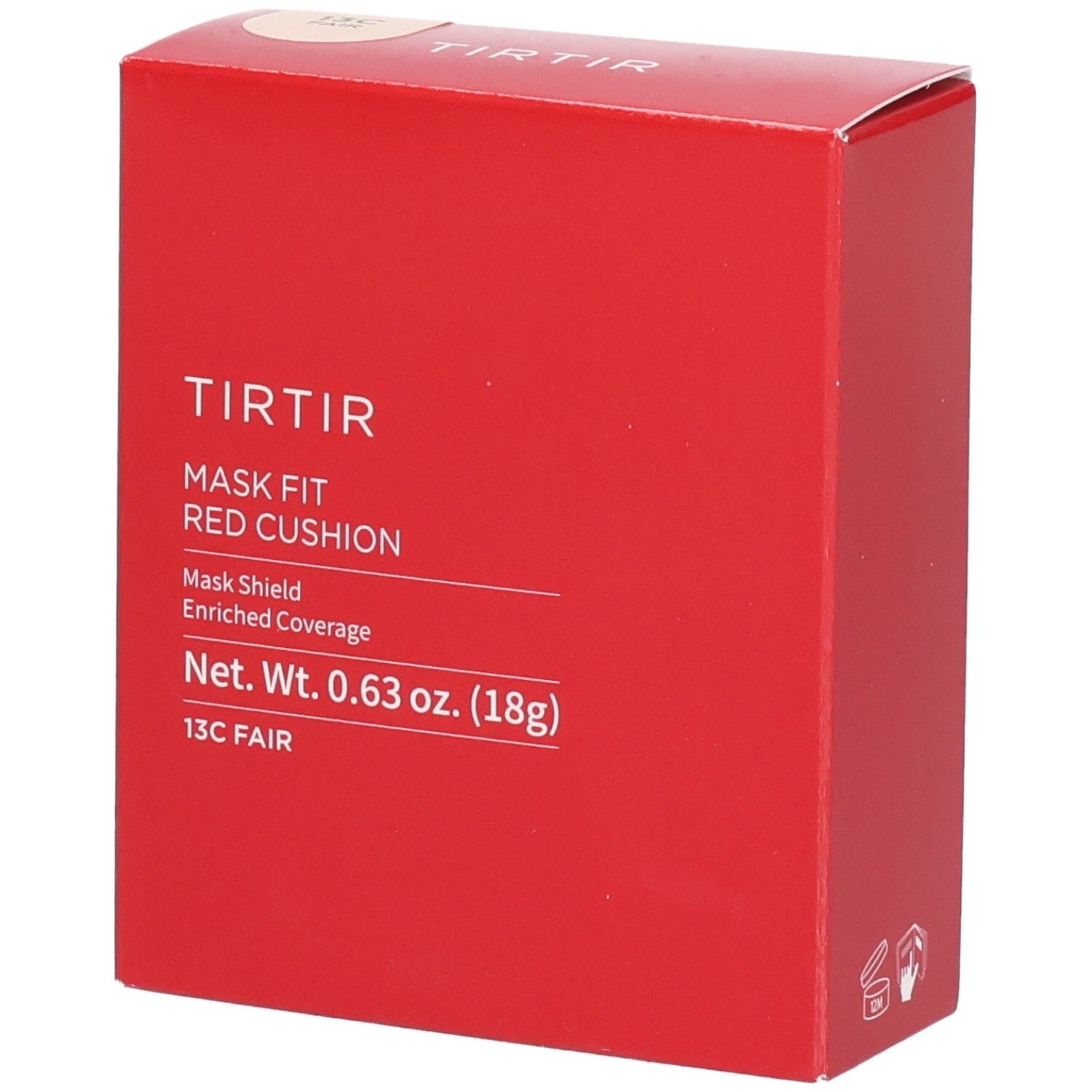 Rote quadratische Verpackung. Aufschrift: TIRTIR, Mask Fit Red Cushion, 13C Fair. Nettogewicht: 0,63 oz. (18g).