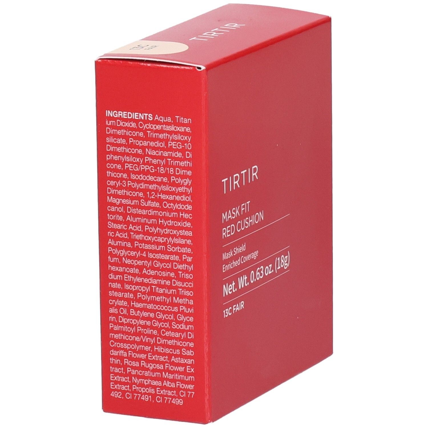 Rote Verpackung mit Inhaltsstoffen. Aufschrift: TIRTIR, Mask Fit Red Cushion, 13C Fair. Nettogewicht: 0,63 oz. (18g).