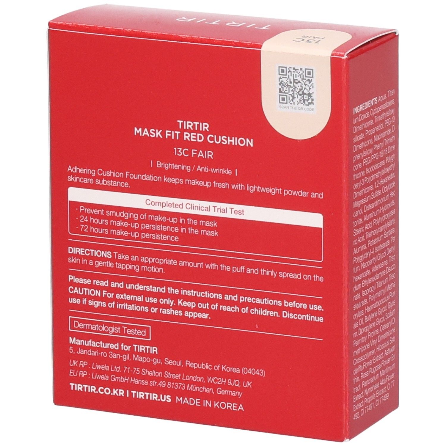 Rote Verpackung mit Text. Aufschrift: TIRTIR, Mask Fit Red Cushion, 13C Fair. Nettogewicht: 0,63 oz. (18g).