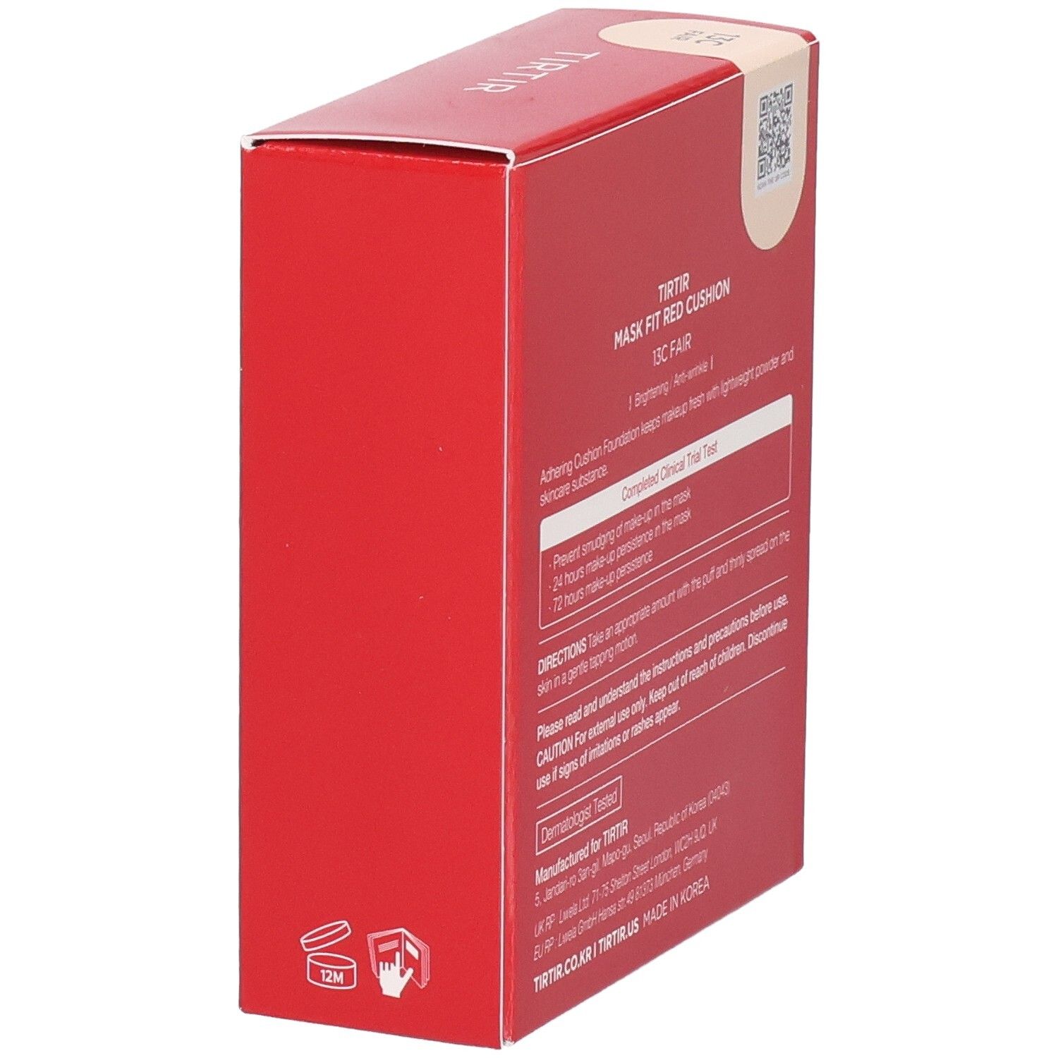 Rote Verpackung mit Text. Aufschrift: TIRTIR, Mask Fit Red Cushion, 13C Fair. Nettogewicht: 0,63 oz. (18g).