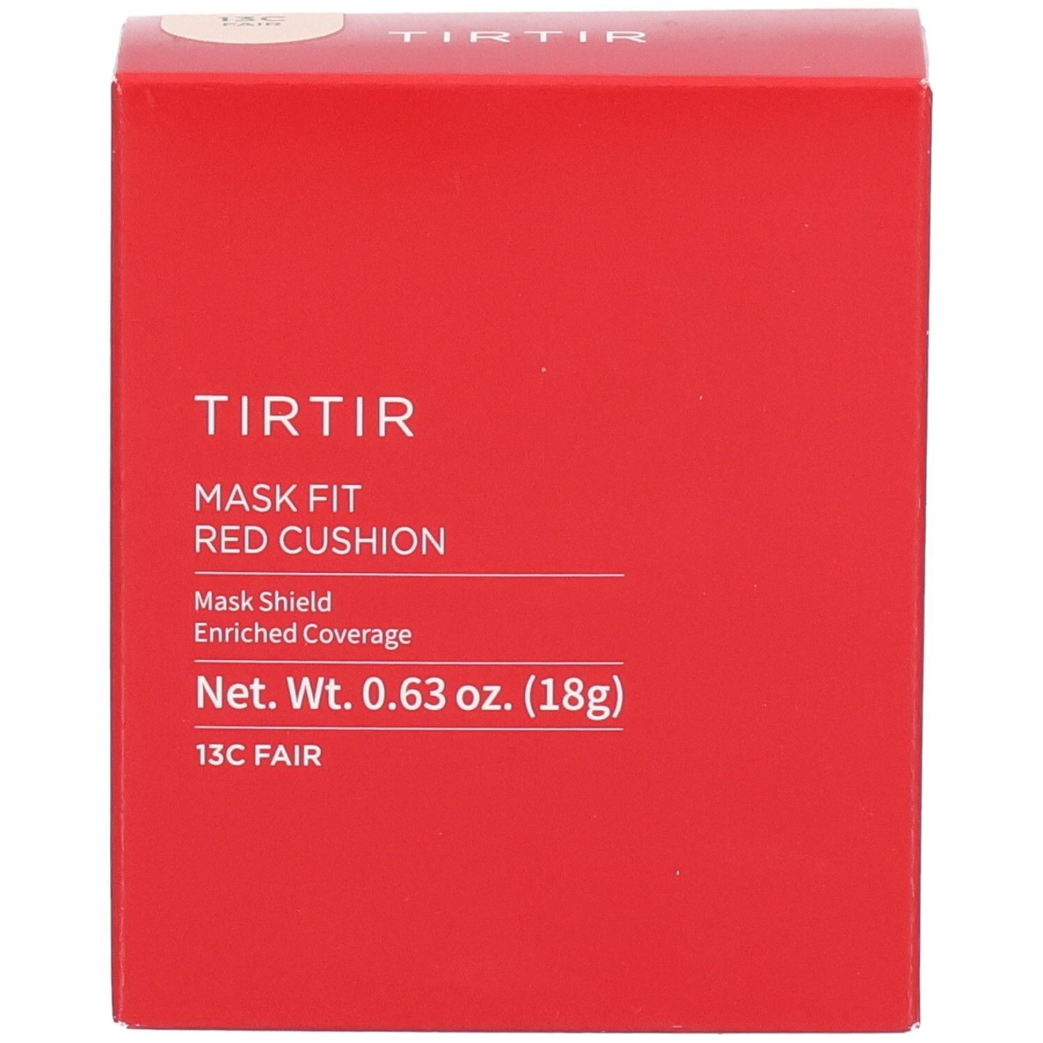 Rote quadratische Verpackung. Aufschrift: TIRTIR, Mask Fit Red Cushion, 13C Fair. Nettogewicht: 0,63 oz. (18g).