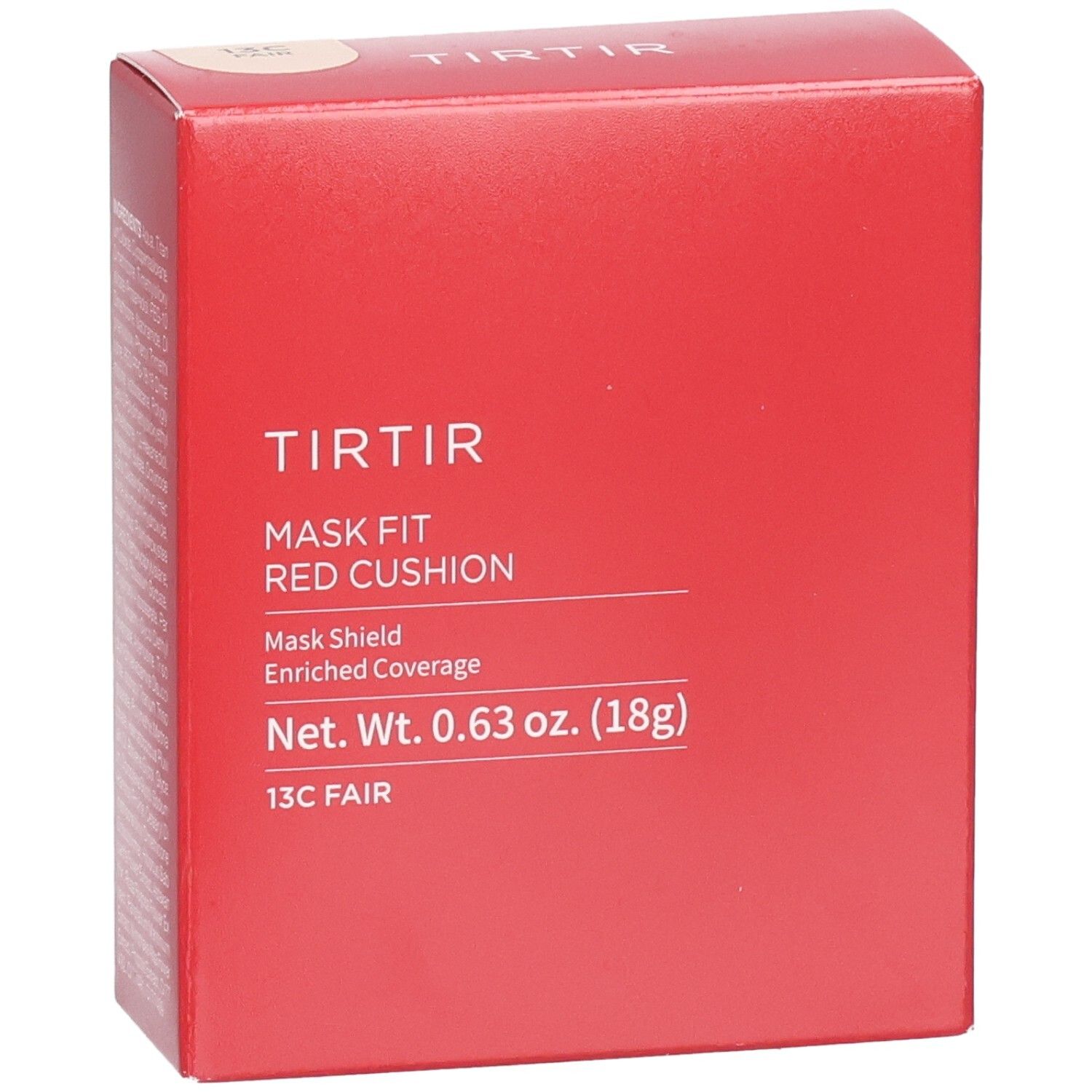 Rote quadratische Verpackung. Aufschrift: TIRTIR, Mask Fit Red Cushion, 13C Fair. Nettogewicht: 0,63 oz. (18g).
