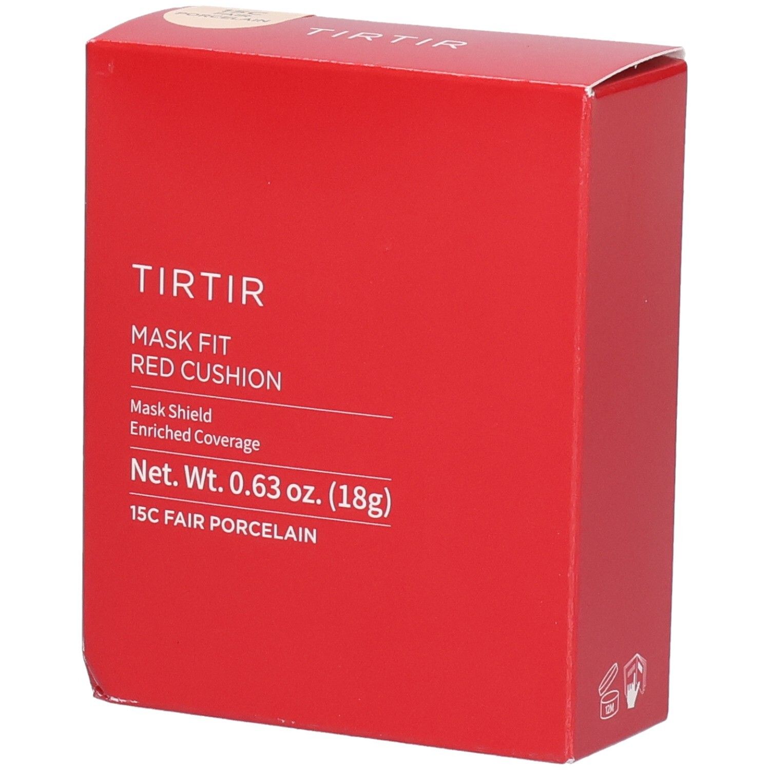 Rote quadratische Verpackung. Text: TIR TIR, Mask Fit Red Cushion, 15C Fair Porcelain. Nettogewicht 0,63 oz. (18g).