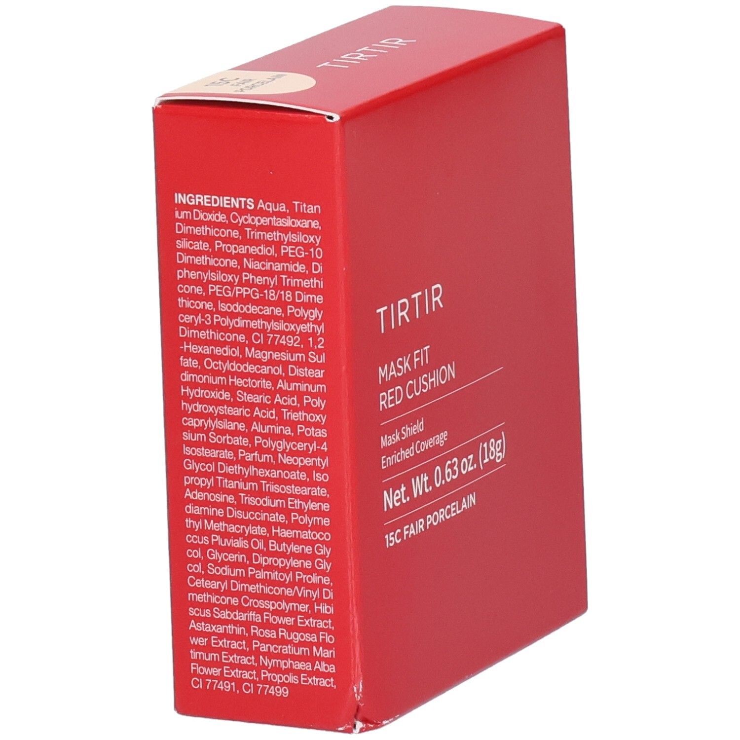 Rote Verpackung mit Text und Zutatenliste. Text: TIR TIR, Mask Fit Red Cushion, 15C Fair Porcelain. Nettogewicht 0,63 oz. (18g).