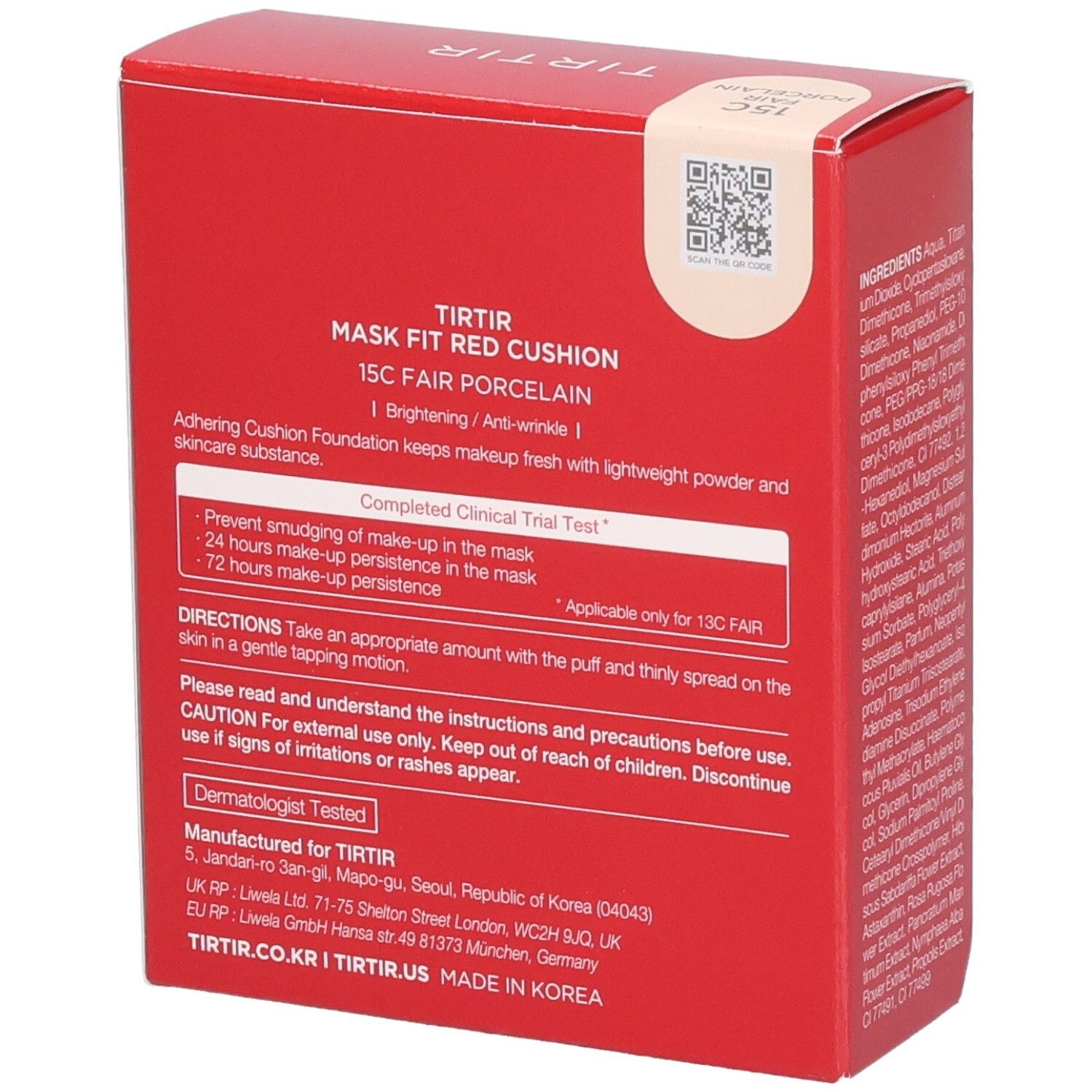 Rote Verpackung mit Text. Text: TIR TIR, Mask Fit Red Cushion, 15C Fair Porcelain. Informationen zur Anwendung.