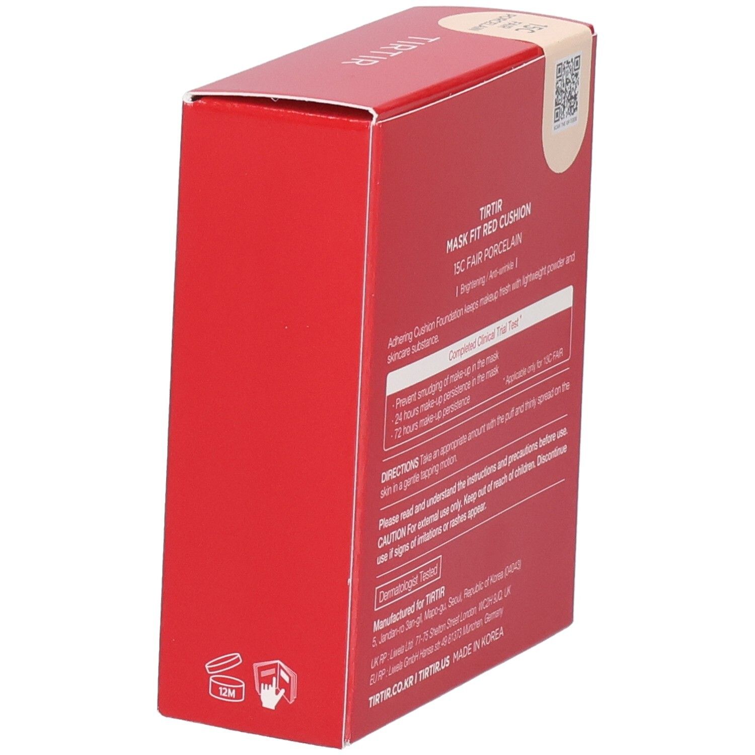 Rote Verpackung mit Text. Text: TIR TIR, Mask Fit Red Cushion, 15C Fair Porcelain. Informationen zur Anwendung.