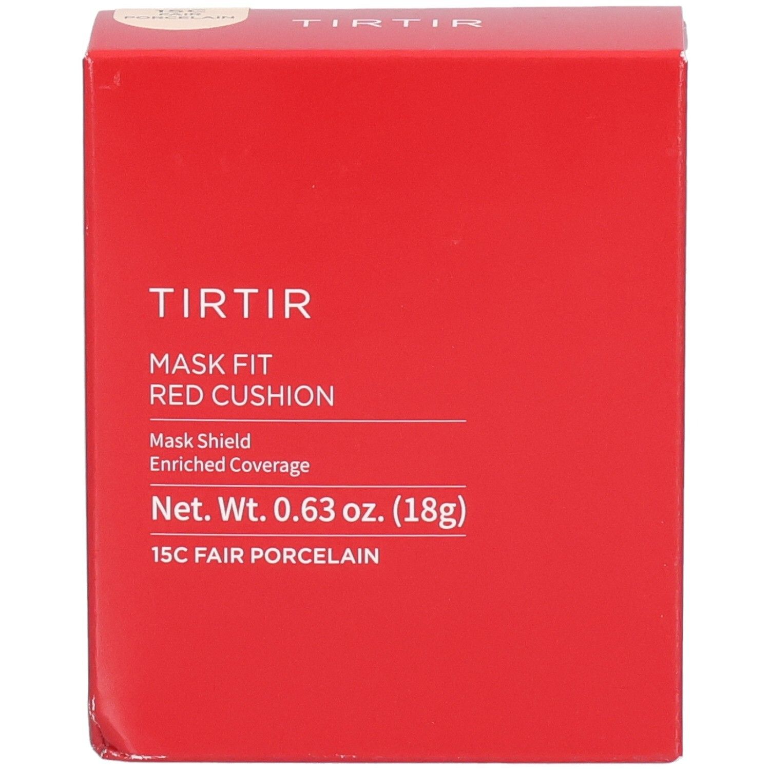 Rote quadratische Verpackung. Text: TIR TIR, Mask Fit Red Cushion, 15C Fair Porcelain. Nettogewicht 0,63 oz. (18g).