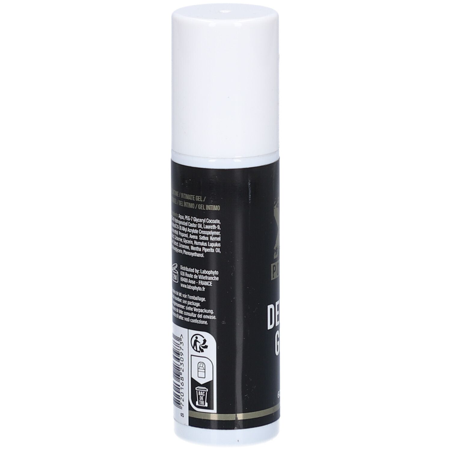 Rückseite der Xpower Delay Gel Flasche mit Inhaltsstoffen und Anwendungshinweisen.