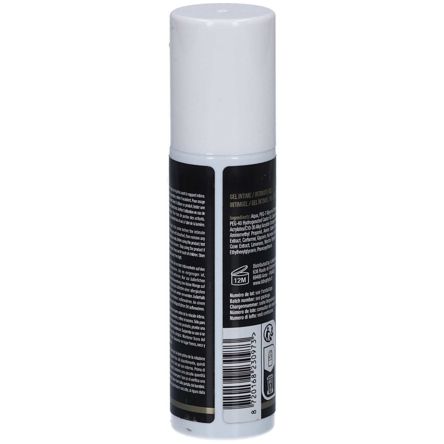 Seitenansicht der Xpower Delay Gel Flasche mit Barcode und Haltbarkeitsdatum.