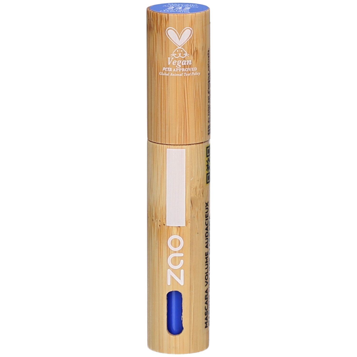 Zylinderförmige Mascarahülse aus Bambus mit blauem Deckel und blauer Akzentfarbe. Text: Mascara Volume Audacieux.