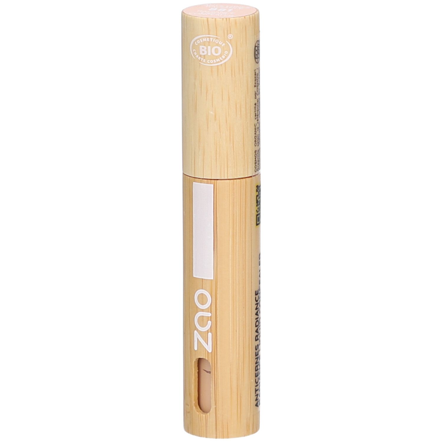 Zao Concealer. Bambus-Behälter. Bio-Zertifizierung. Produktname: Anticernes Radiance. Vertikale Ansicht.