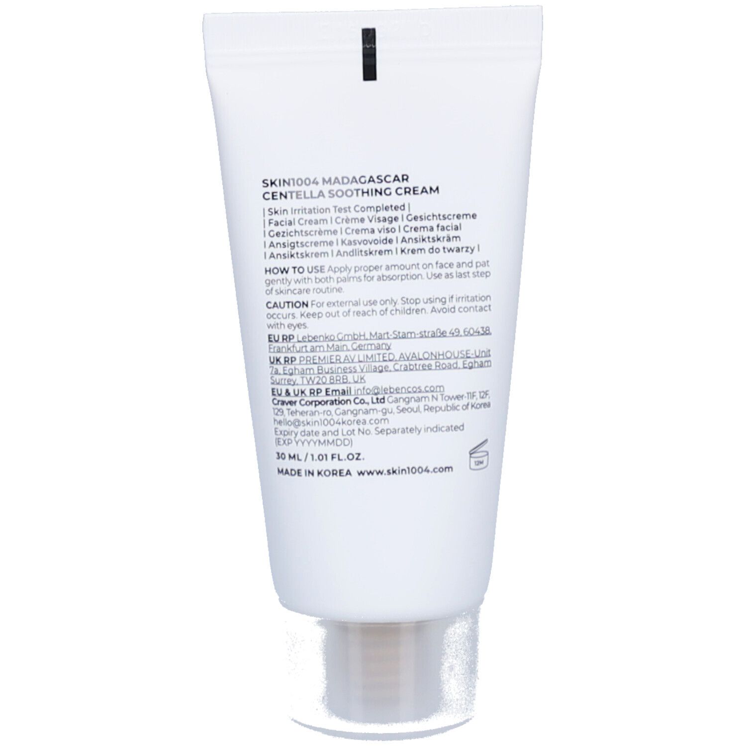 Rückseite der weißen Tube. Text: SKIN1004 MADAGASCAR CENTELLA SOOTHING CREAM. Inhaltsstoffe, Anwendungshinweise, Hersteller.