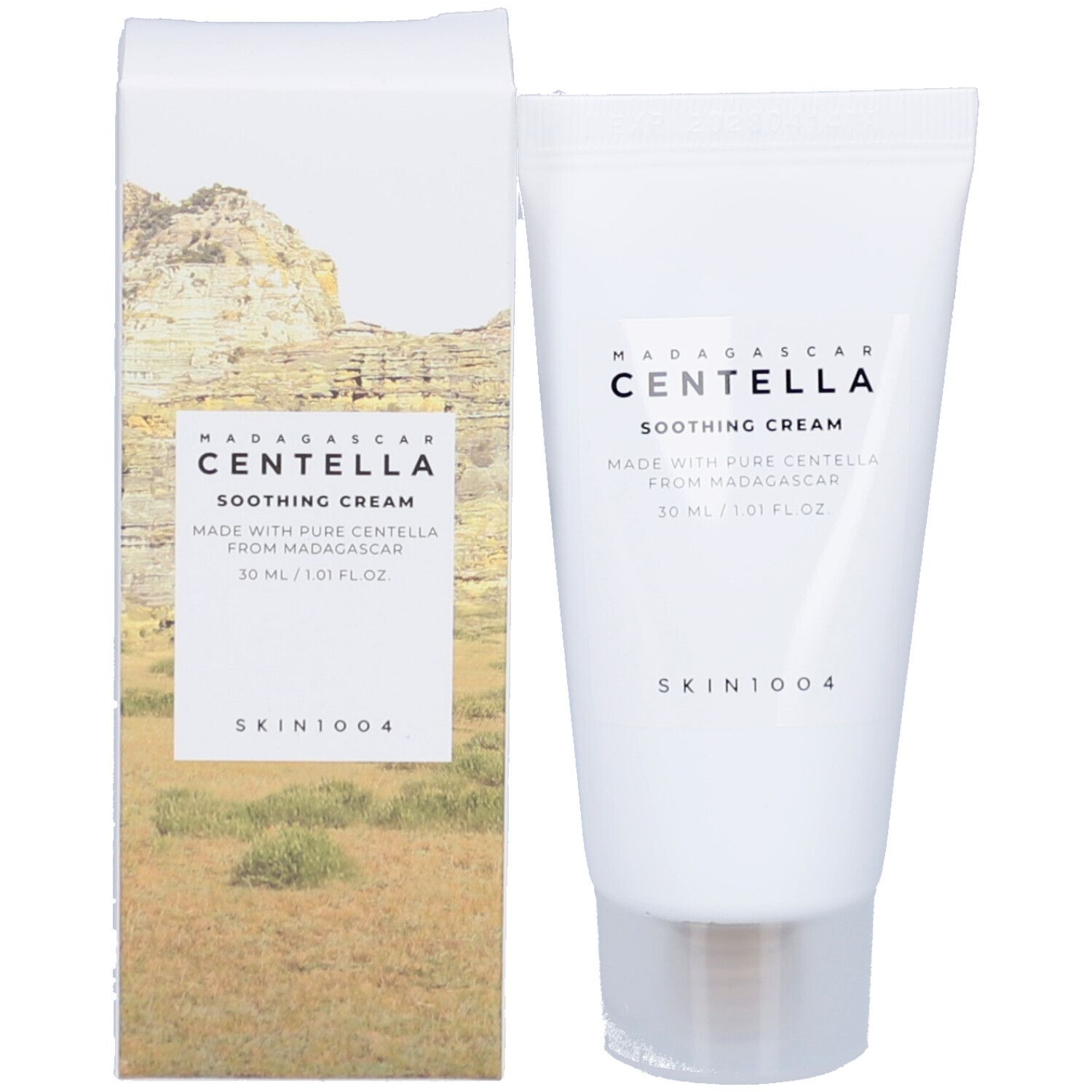 Produktverpackung und Tube. Verpackung: weiß mit Landschaft. Tube: weiß mit Produktname CENTELLA SOOTHING CREAM.