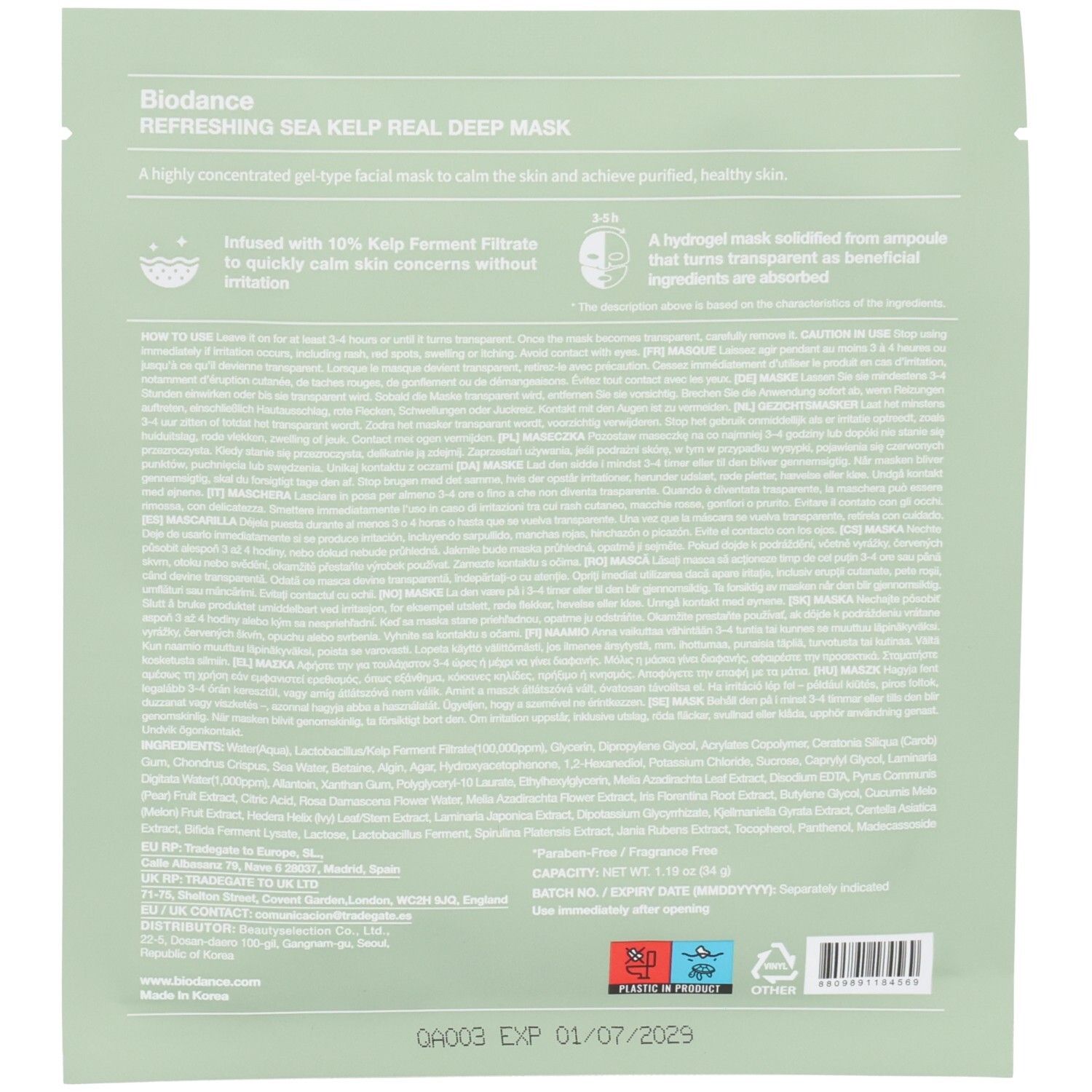 Rückseite der Verpackung der Biodance Refreshing Sea Kelp Real Deep Mask mit Inhaltsstoffen und Anwendungshinweisen.