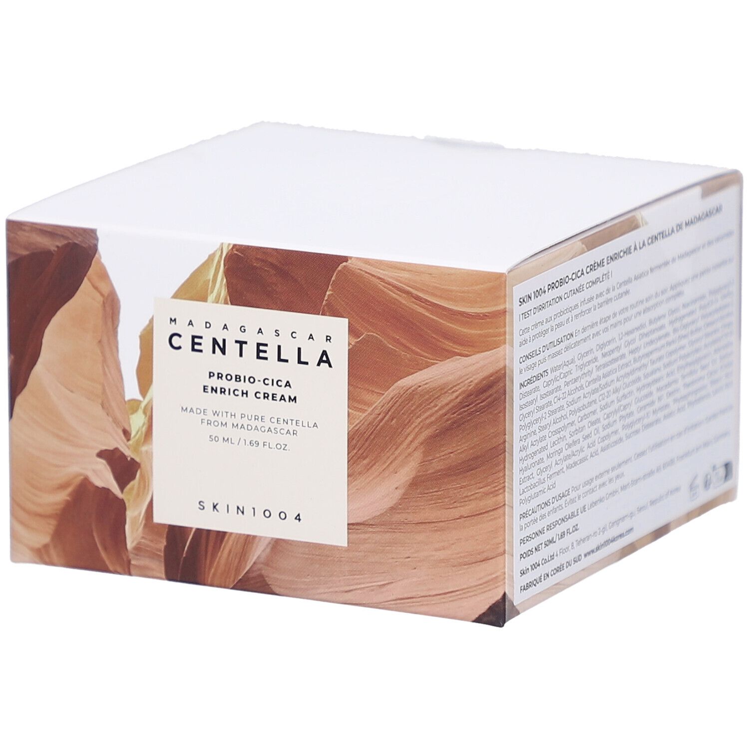 Weißer Karton mit Produktinformationen. Text: MADAGASCAR CENTELLA, PROBIO-CICA ENRICH CREAM, SKIN1004.