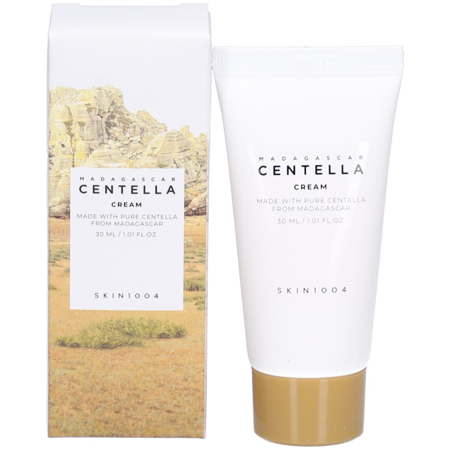 Produktverpackung und Tube. Verpackung mit Landschaft. Tube: MADAGASCAR CENTELLA CREAM.