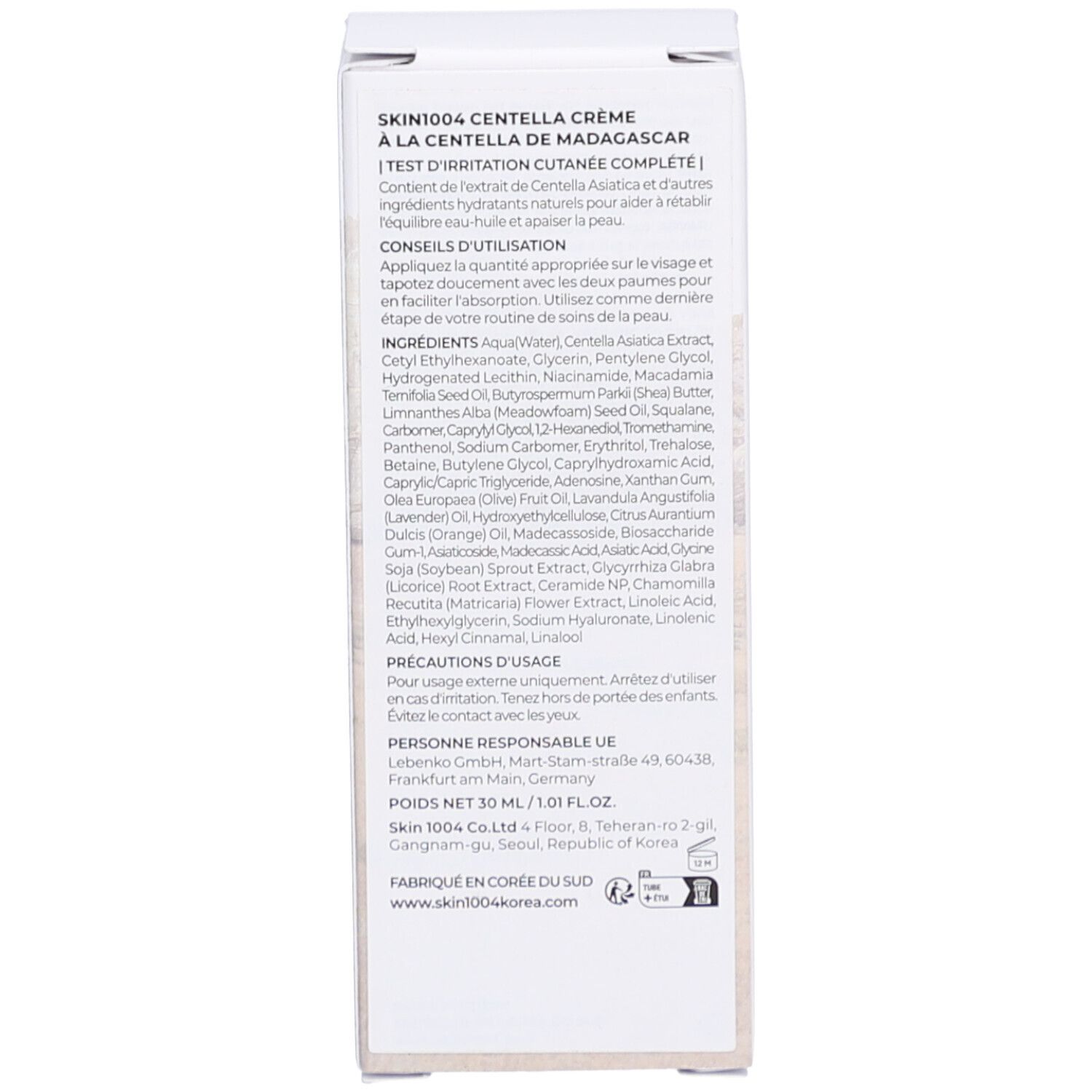 Rückseite der Verpackung. Text: SKIN1004 CENTELLA CRÈME, Inhaltsstoffe, Anwendung, 30 ml.