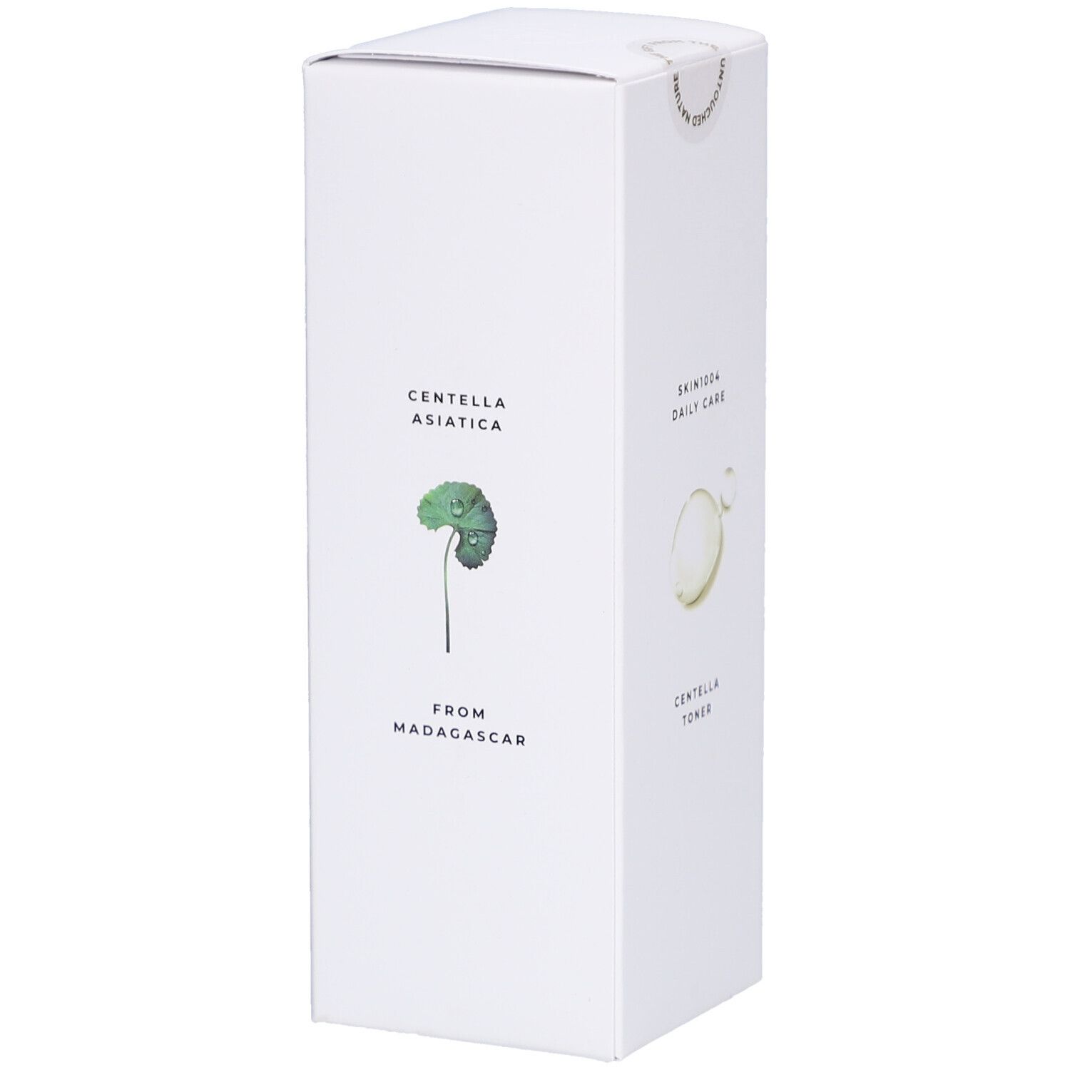 Weiße Produktverpackung mit Text und Abbildung. Text: CENTELLA ASIATICA, FROM MADAGASCAR. SKIN1004 DAILY CARE, CENTELLA TONER.