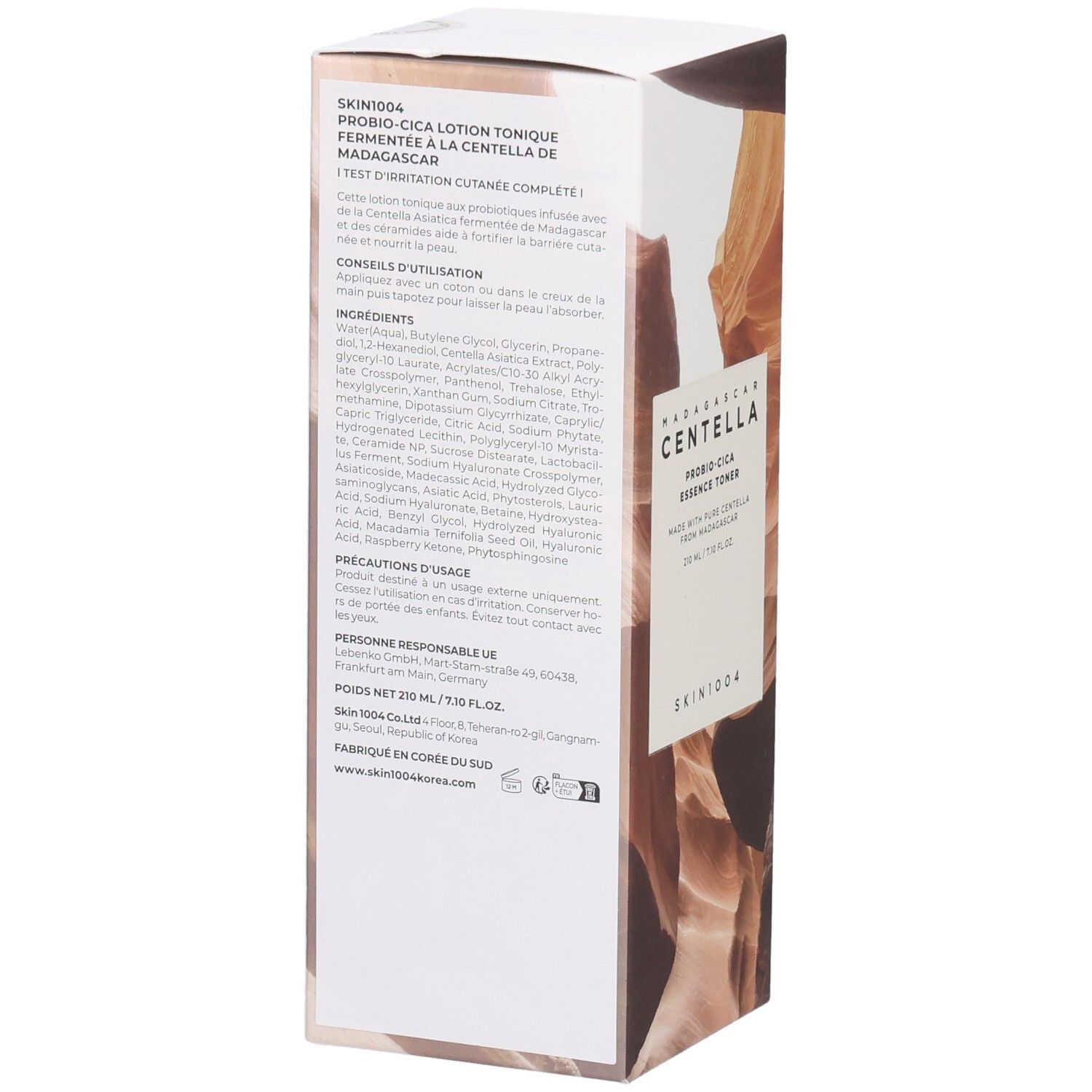 Produktverpackung mit Text und Inhaltsstoffen. Text: SKIN1004, PROBIO-CICA LOTION TONIQUE, Inhaltsstoffe, Vorsichtsmaßnahmen.
