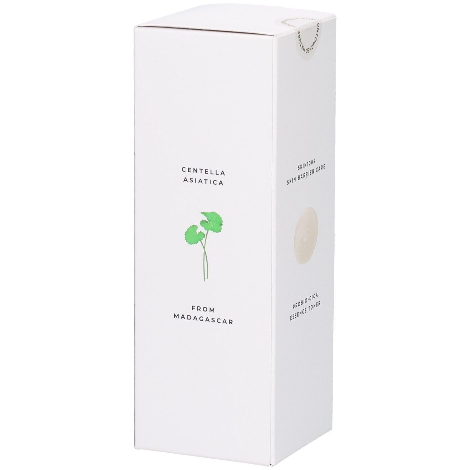 Weiße Produktverpackung mit Text und Logo. Text: CENTELLA ASIATICA, FROM MADAGASCAR, PROBIO-CICA ESSENCE TONER.