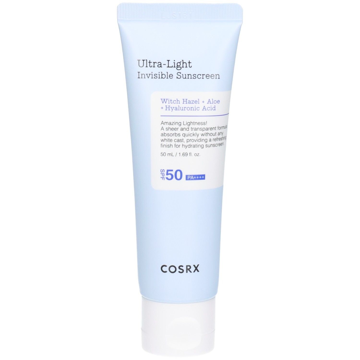 COSRX Ultra Light Invisible Sunscreen Tube mit SPF50+ und PA++++. Enthält Witch Hazel, Aloe und Hyaluronsäure.