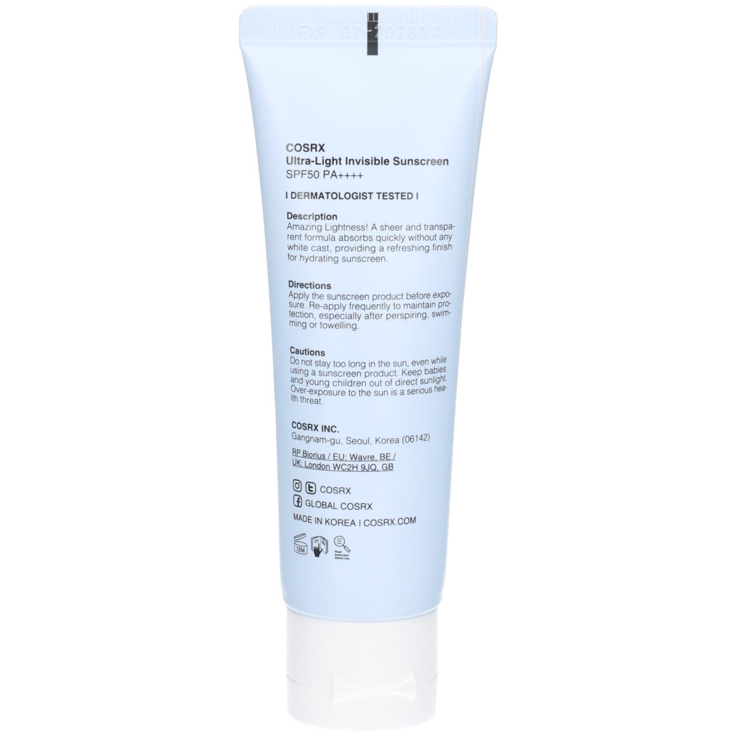 Rückseite der COSRX Ultra Light Invisible Sunscreen Tube mit Anwendungshinweisen und Inhaltsstoffen. SPF50+ PA++++.