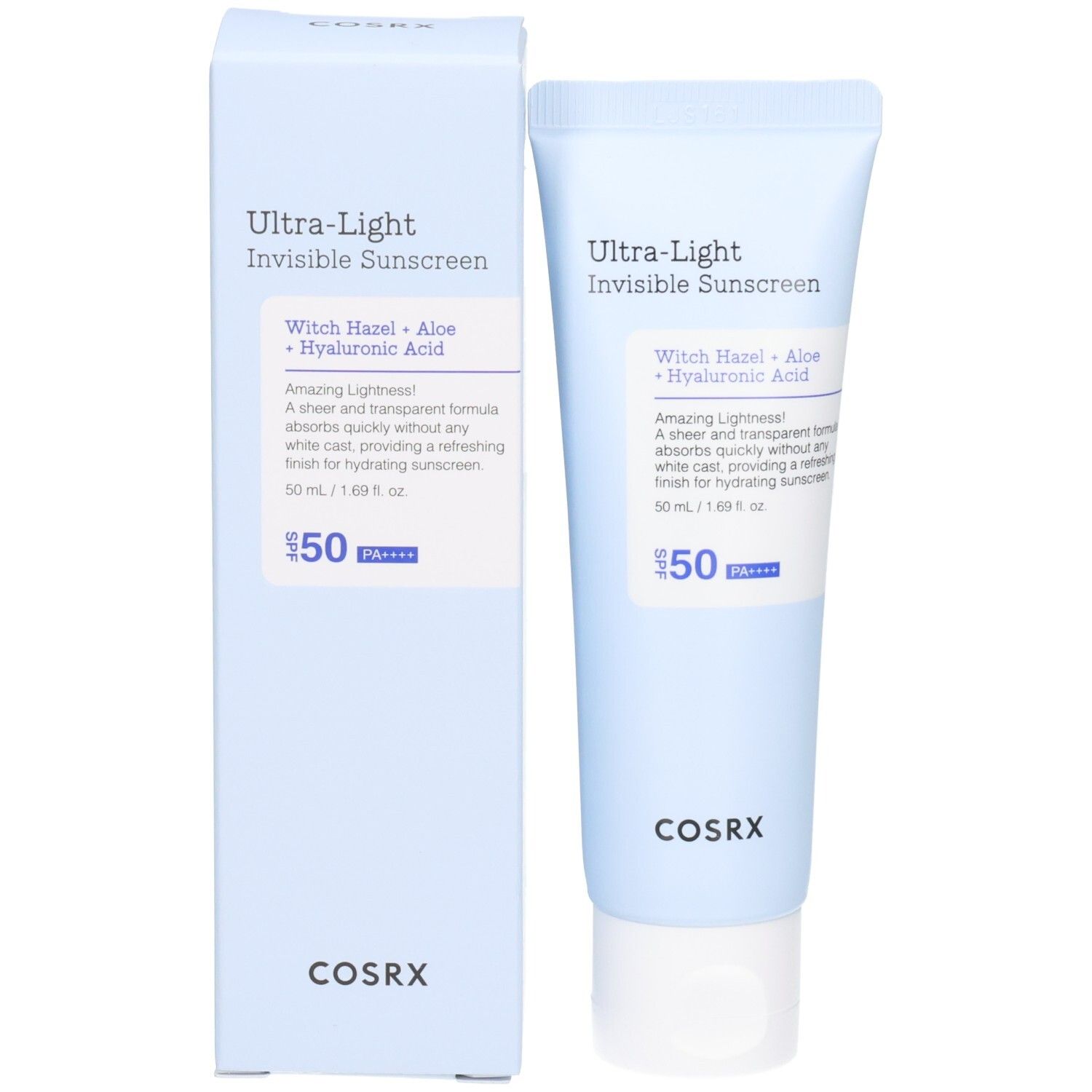 COSRX Ultra Light Invisible Sunscreen Tube und Kartonverpackung. SPF50+ PA++++. Enthält Witch Hazel, Aloe, Hyaluronsäure.