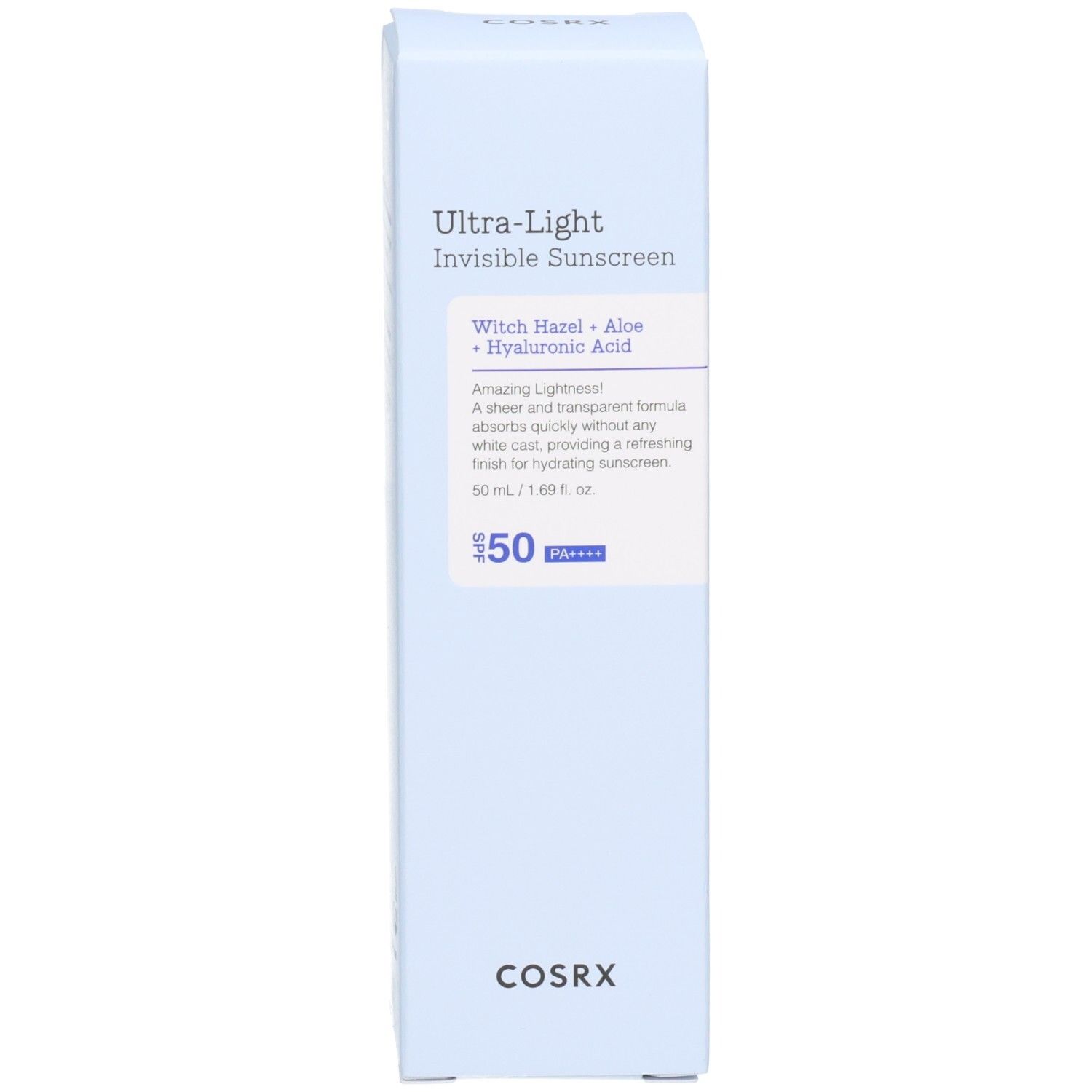 Kartonverpackung der COSRX Ultra Light Invisible Sunscreen. Vorderseite mit Produktnamen und Inhaltsstoffen. SPF50+ PA++++.
