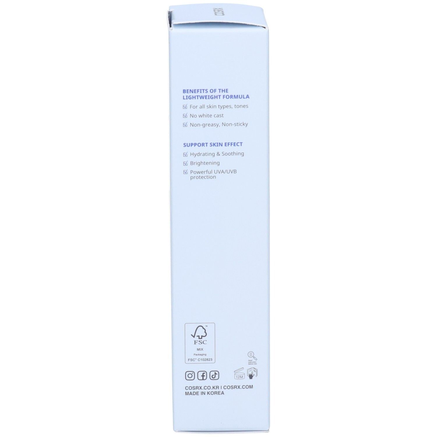 Seite der COSRX Ultra Light Invisible Sunscreen Kartonverpackung mit Vorteilen und Hautpflege-Effekten. SPF50+ PA++++.