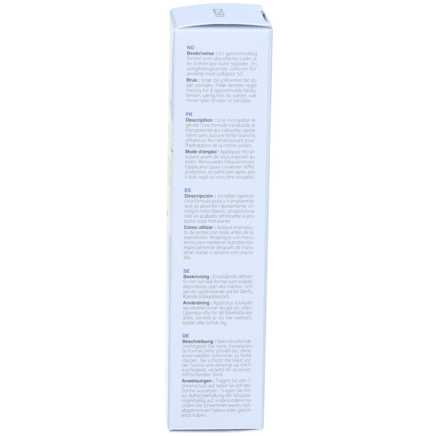 Seite der COSRX Ultra Light Invisible Sunscreen Kartonverpackung mit mehrsprachigen Beschreibungen und Anwendungshinweisen.