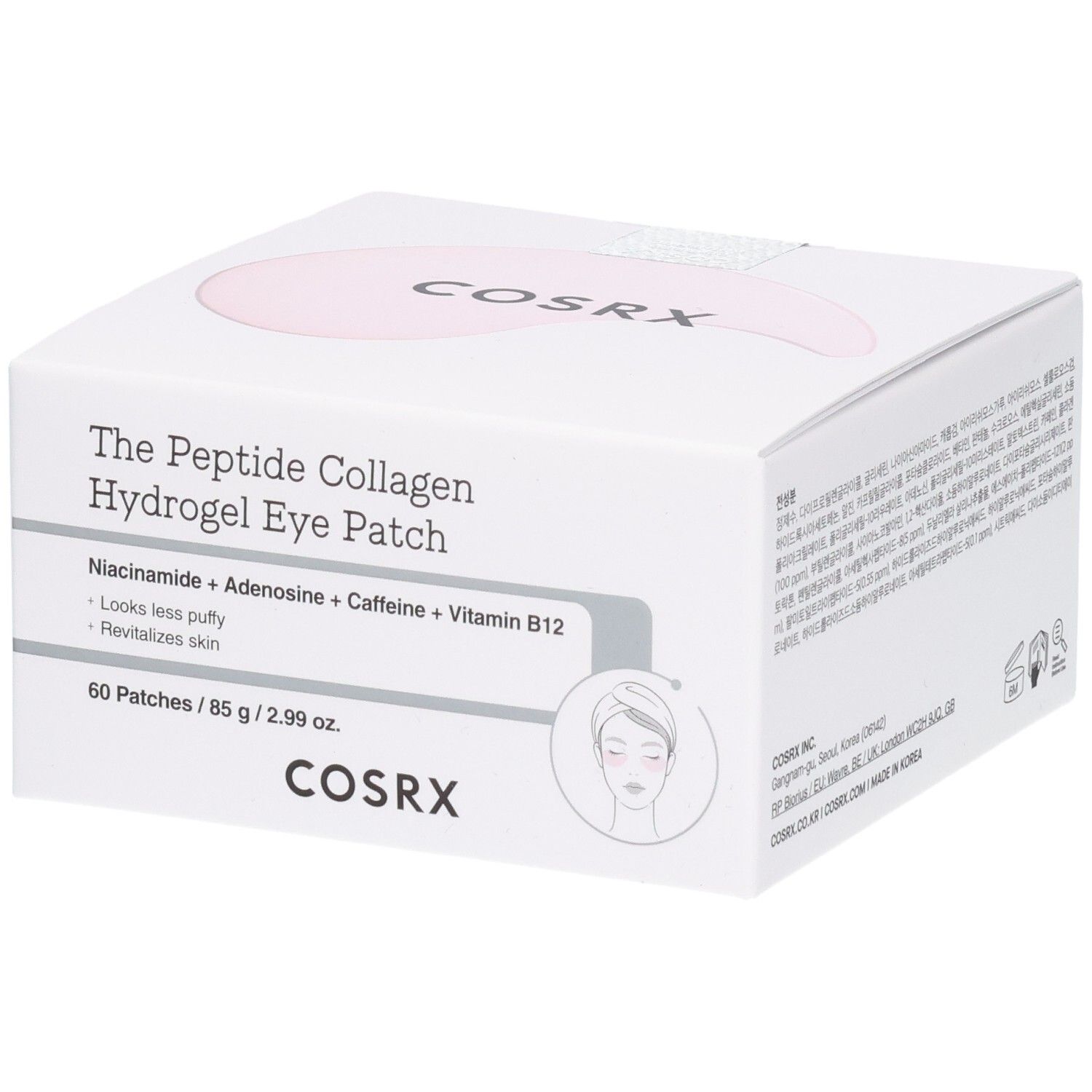 COSRX Augenpads: Kartonverpackung mit Produktinformationen und Illustration einer Frau.