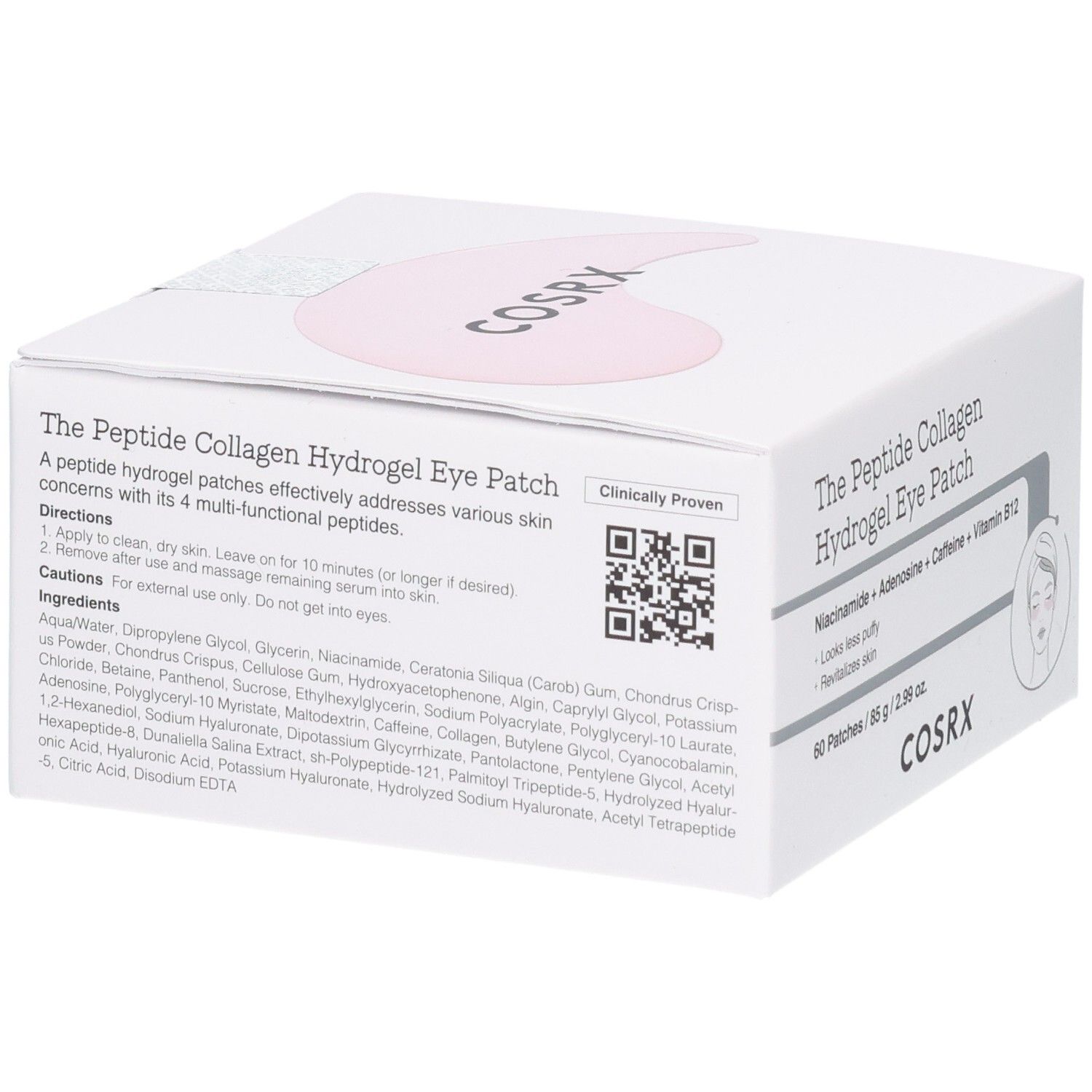 COSRX Augenpads: Karton mit Inhaltsstoffen, Anwendungshinweisen und QR-Code.