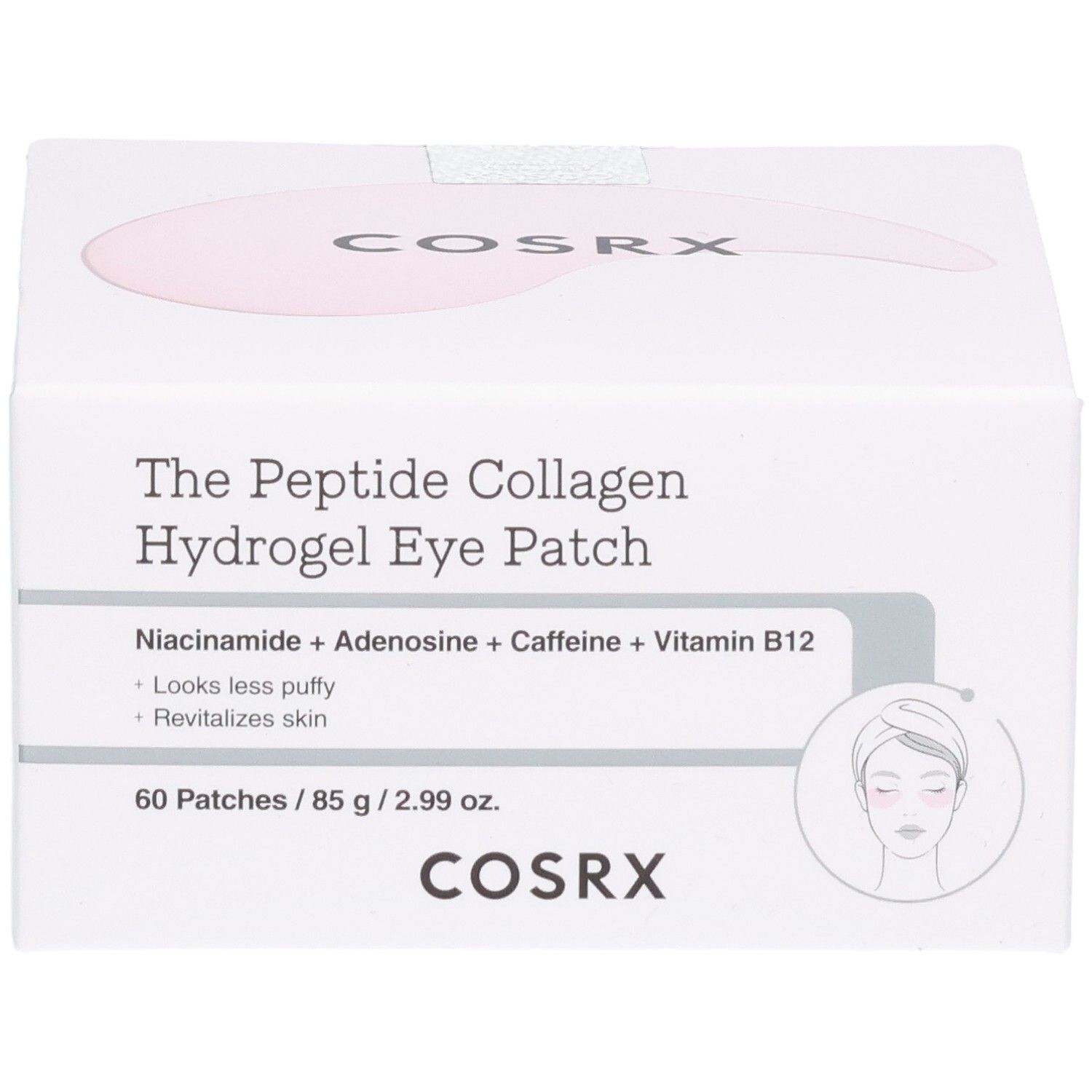 COSRX Augenpads: Kartonverpackung mit Produktnamen und Inhaltsstoffen.