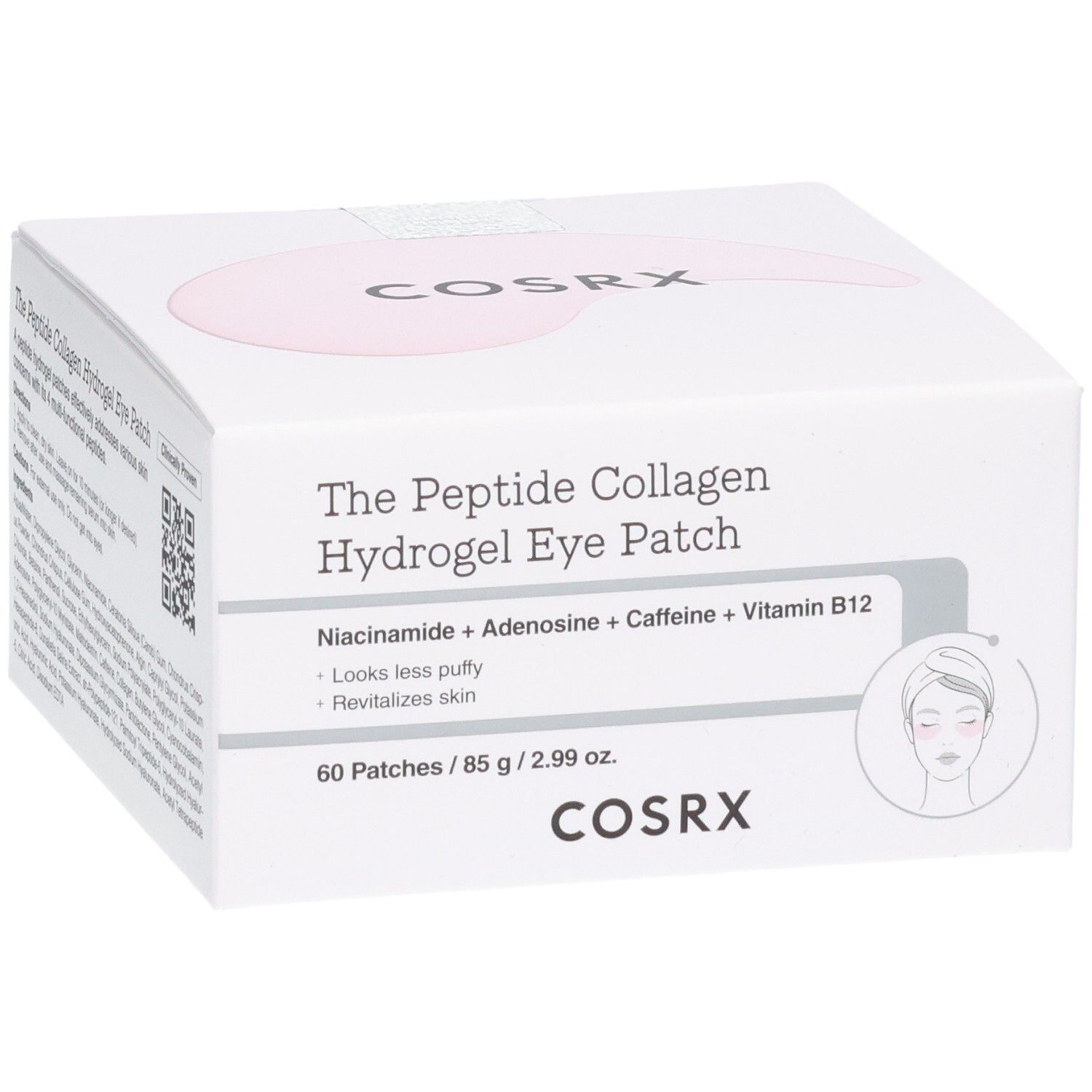 COSRX Augenpads: Kartonverpackung mit Produktnamen, Inhaltsstoffen und Illustration.