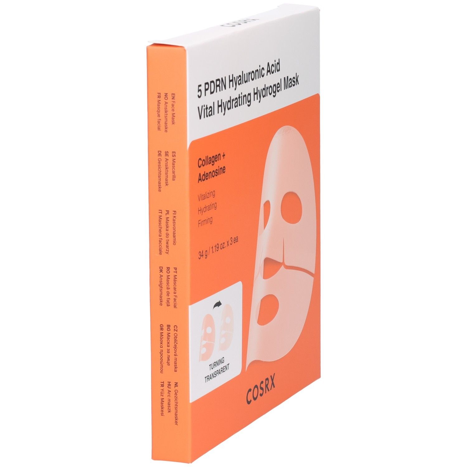 Seitenansicht der COSRX 5 PDRN Hyaluronsäure Vital Hydrating Hydrogel Maske Verpackung.