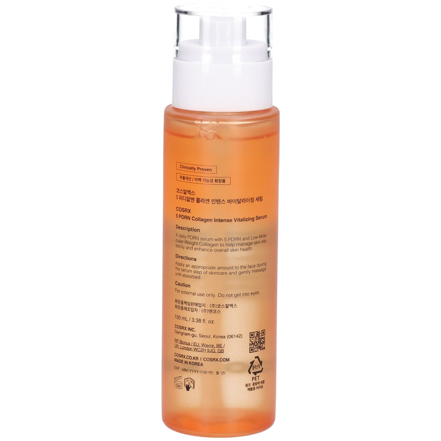 Rückseite des COSRX 5 PDRN Serums. Flasche mit Spender und detaillierten Produktinformationen.