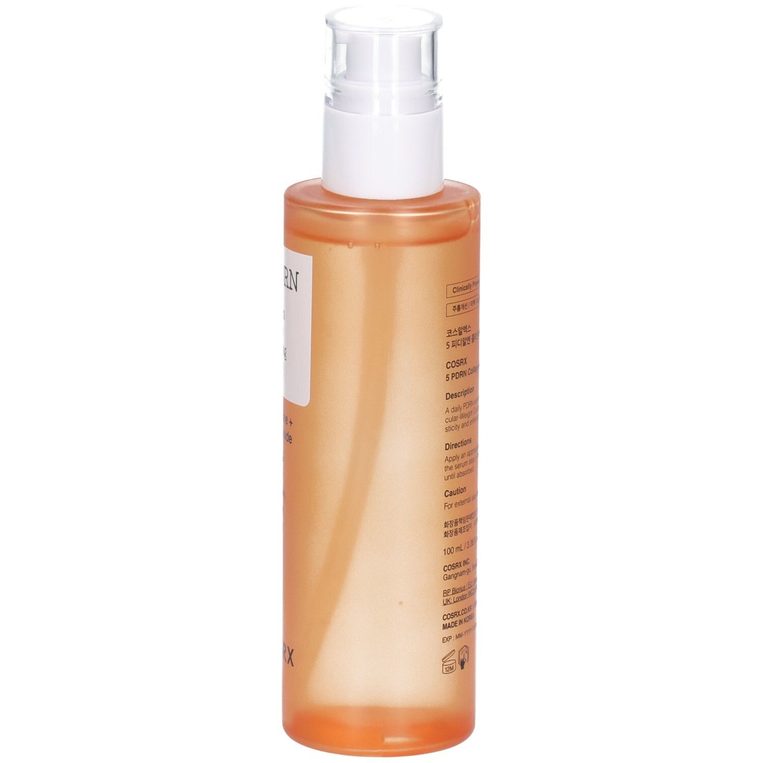 Seitenansicht des COSRX 5 PDRN Serums. Orangefarbene Flasche mit Spender und Etikett.