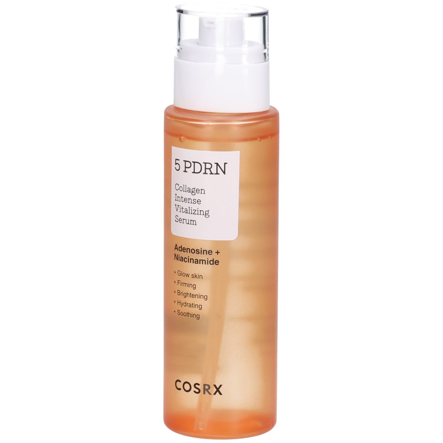 COSRX 5 PDRN Serum mit Spender. Orangefarbene Flasche mit weißem Etikett und Produktmerkmalen.