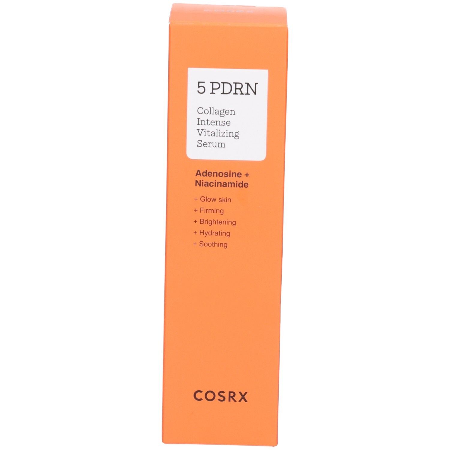 Orangefarbene Verpackung für COSRX 5 PDRN Serum. Mit Produktnamen und Markennamen.