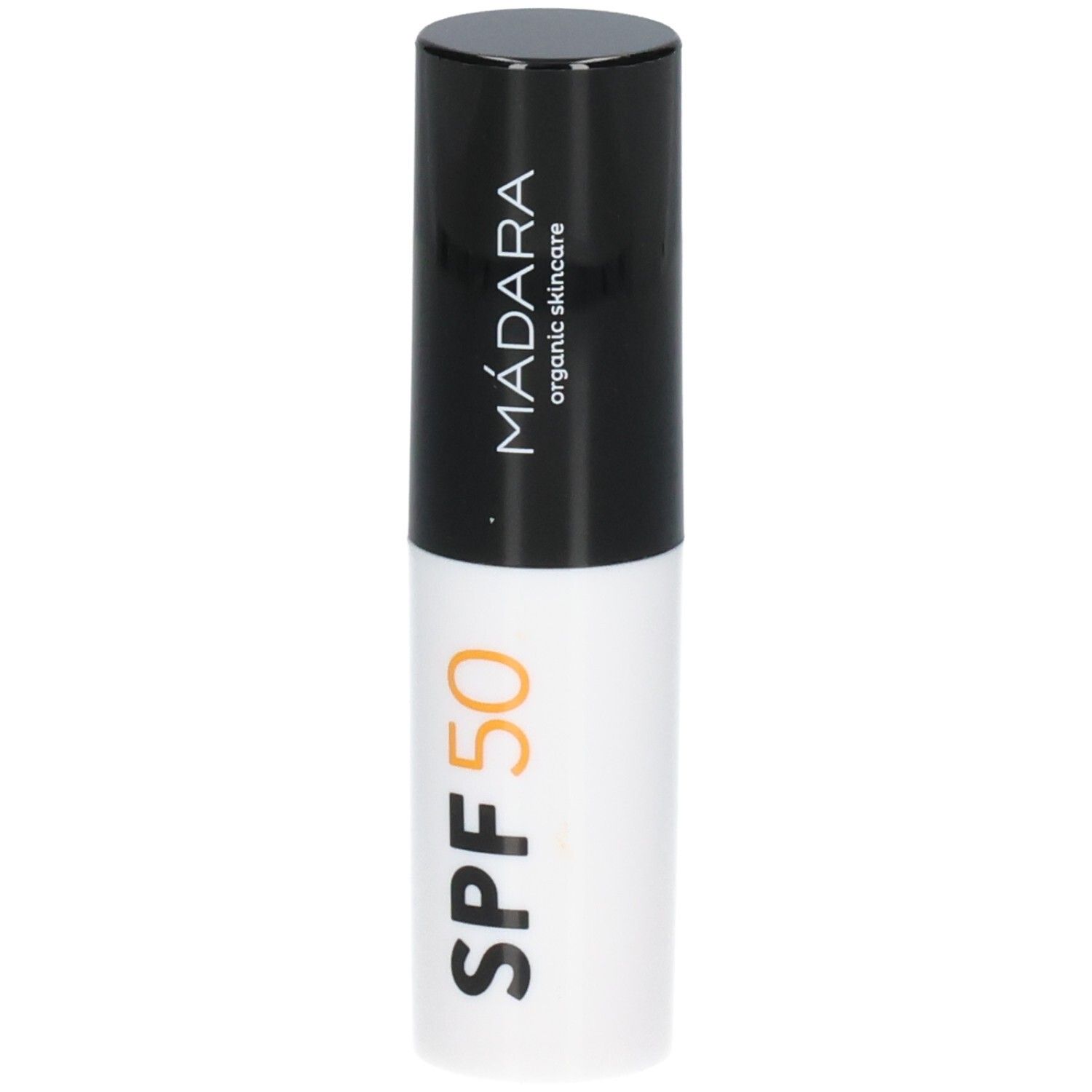 Madara Sonnenschutz Stick LSF 50, weißer Stick mit schwarzem Deckel.