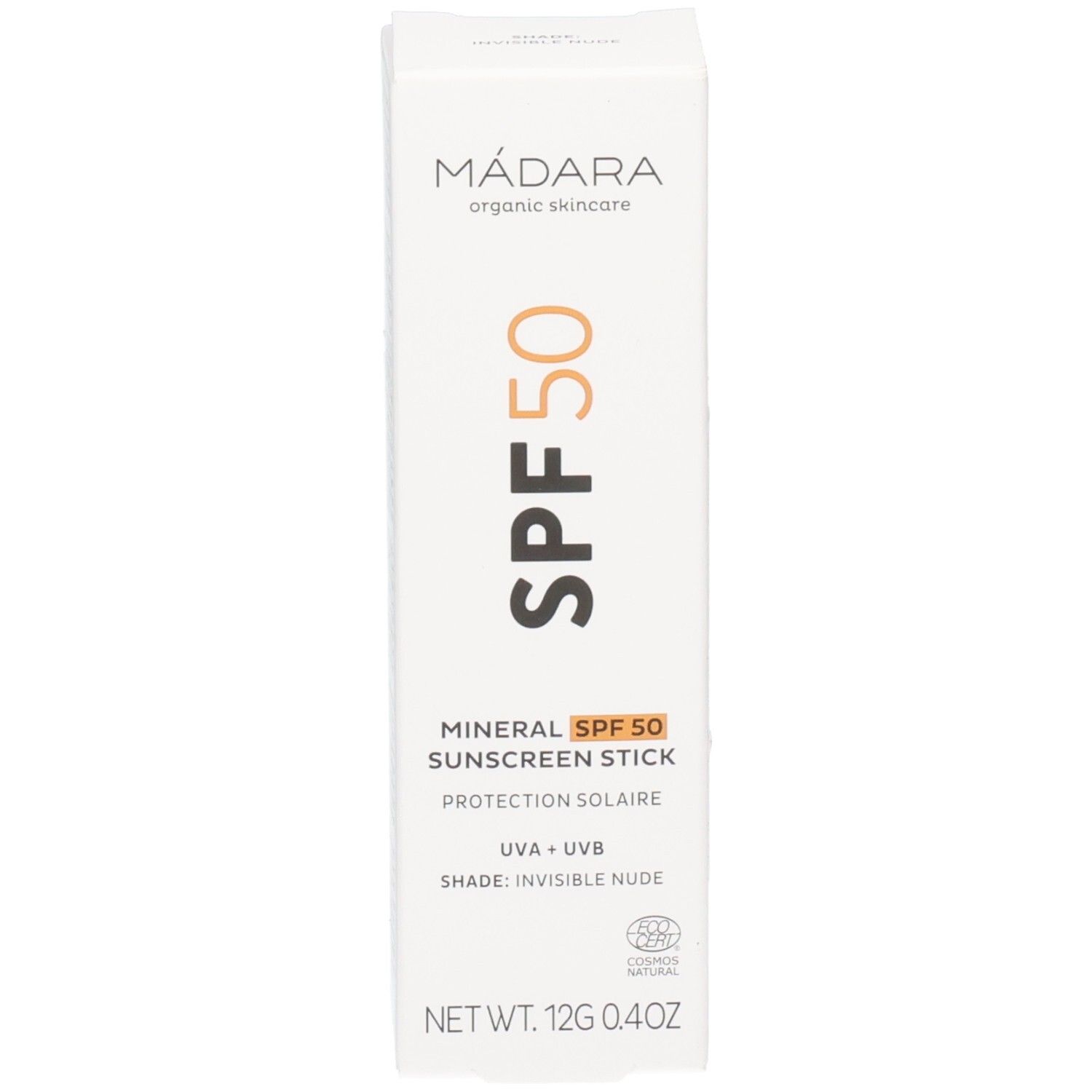 Madara Mineral Sonnenschutz Stick LSF 50, Verpackung mit Produktinformationen.