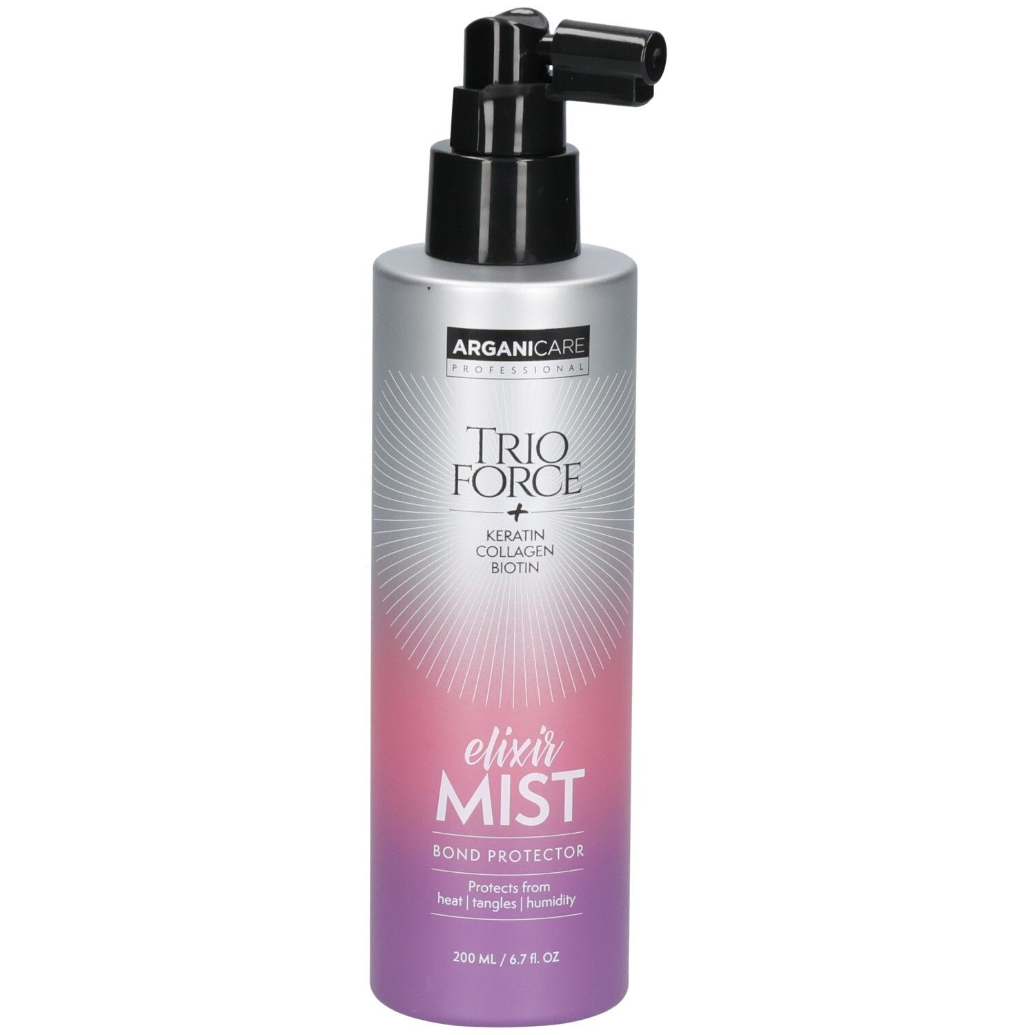 Arganicare Trio Force Elixir Mist Flasche mit Pumpsprühkopf. Enthält Keratin, Kollagen, Biotin.