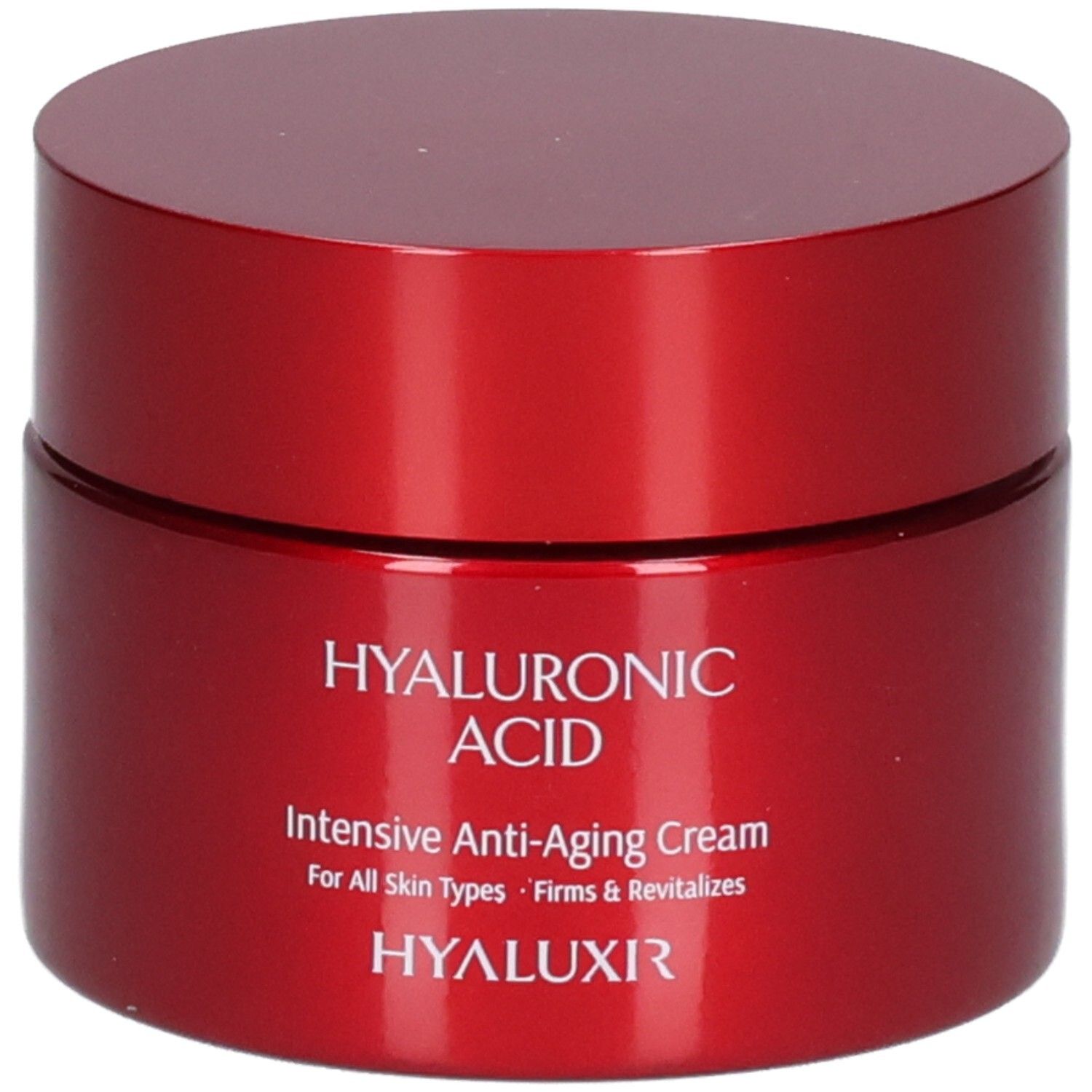 Rote Dose Hyaluronsäure Intensive Anti-Aging Creme. Beschriftung: Hyaluronic Acid, Intensive Anti-Aging Cream, For All Skin Types, Firms & Revitalizes, HYALUXIR.