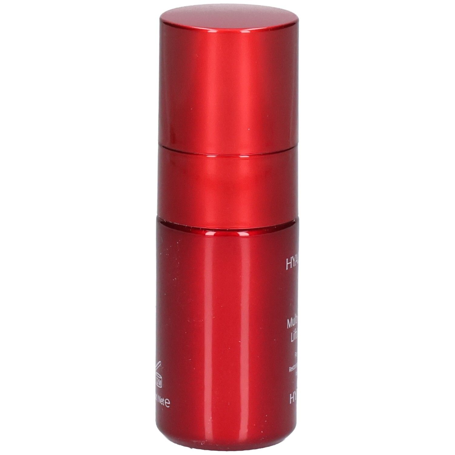 Rote Flasche mit Hyaluronsäure Lifting Serum. Seitenansicht.