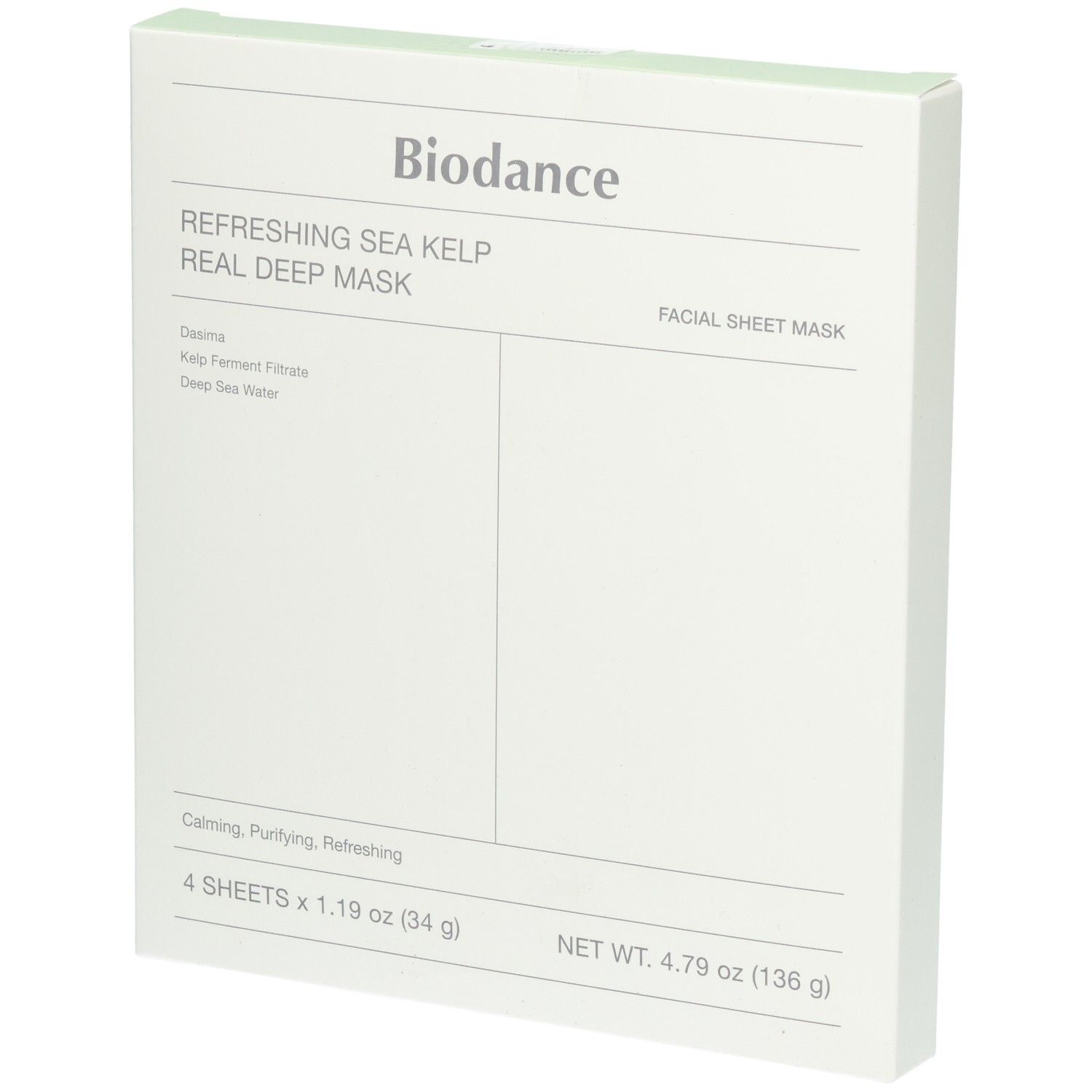 Verpackung für Biodance Refreshing Sea Kelp Real Deep Mask, 4 Gesichtsmasken.