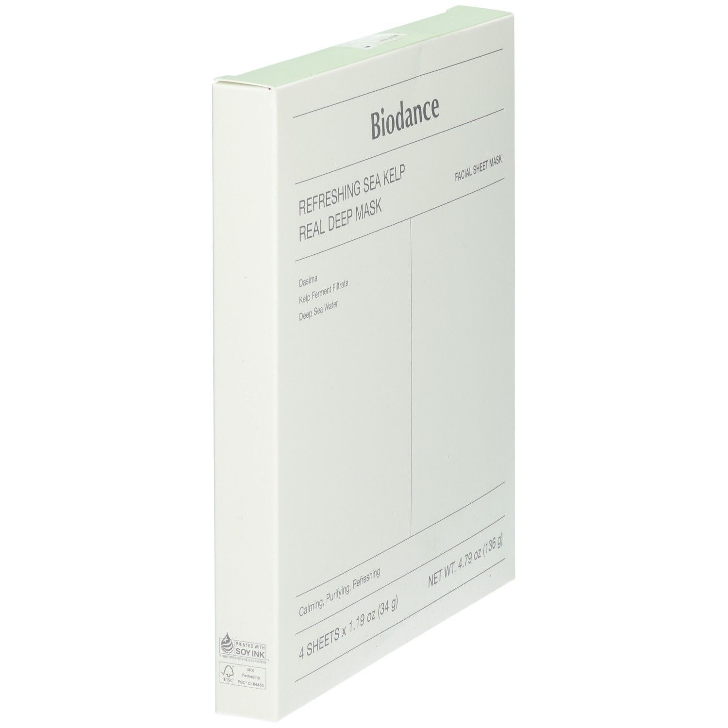 Seitenansicht der Biodance Refreshing Sea Kelp Real Deep Mask Verpackung, 4 Gesichtsmasken.