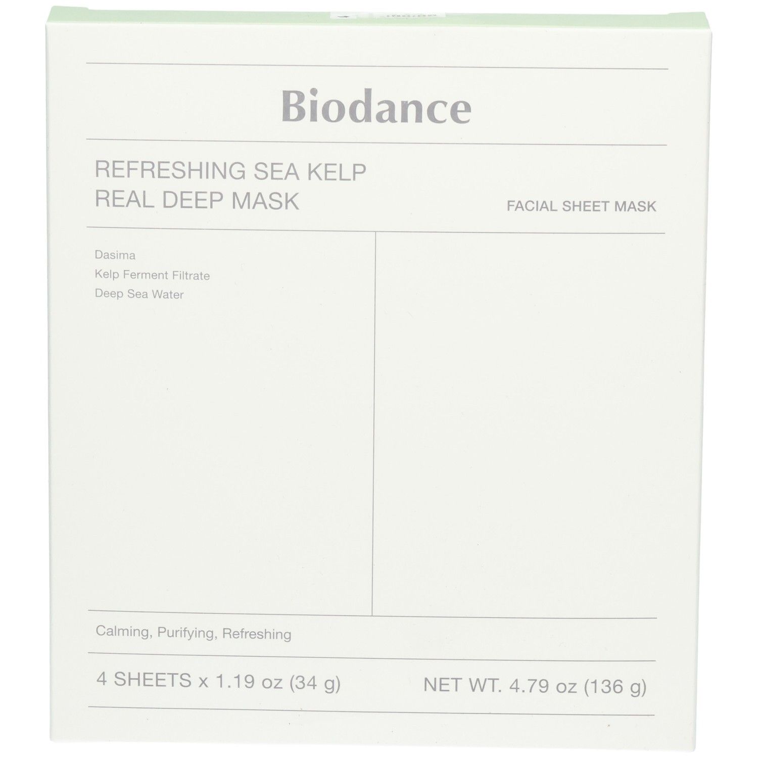 Vorderseite der Biodance Refreshing Sea Kelp Real Deep Mask Verpackung, 4 Gesichtsmasken.