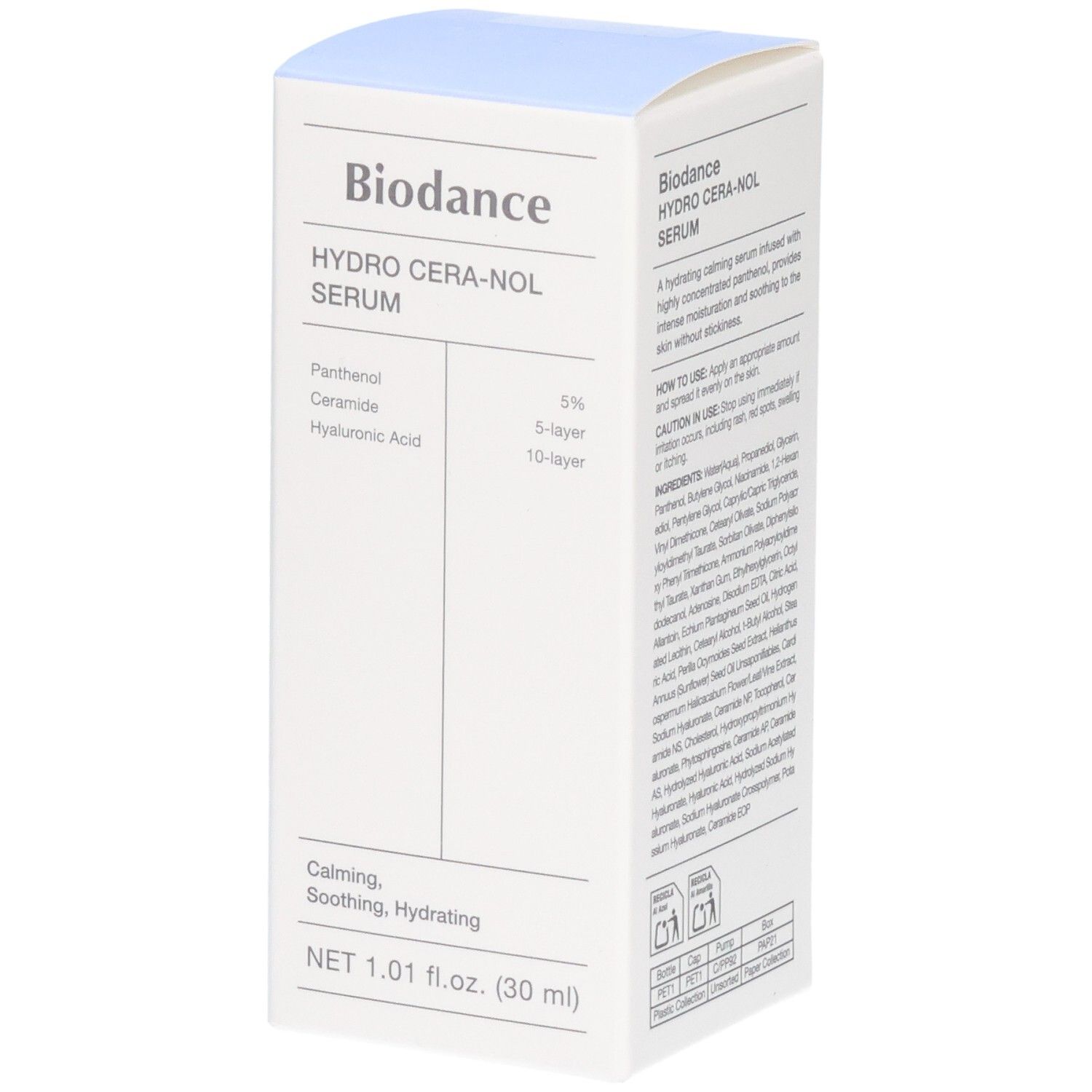 Biodance Hydro Cera-nol Serum Verpackung mit Inhaltsstoffen wie Panthenol, Ceramid, Hyaluronsäure.